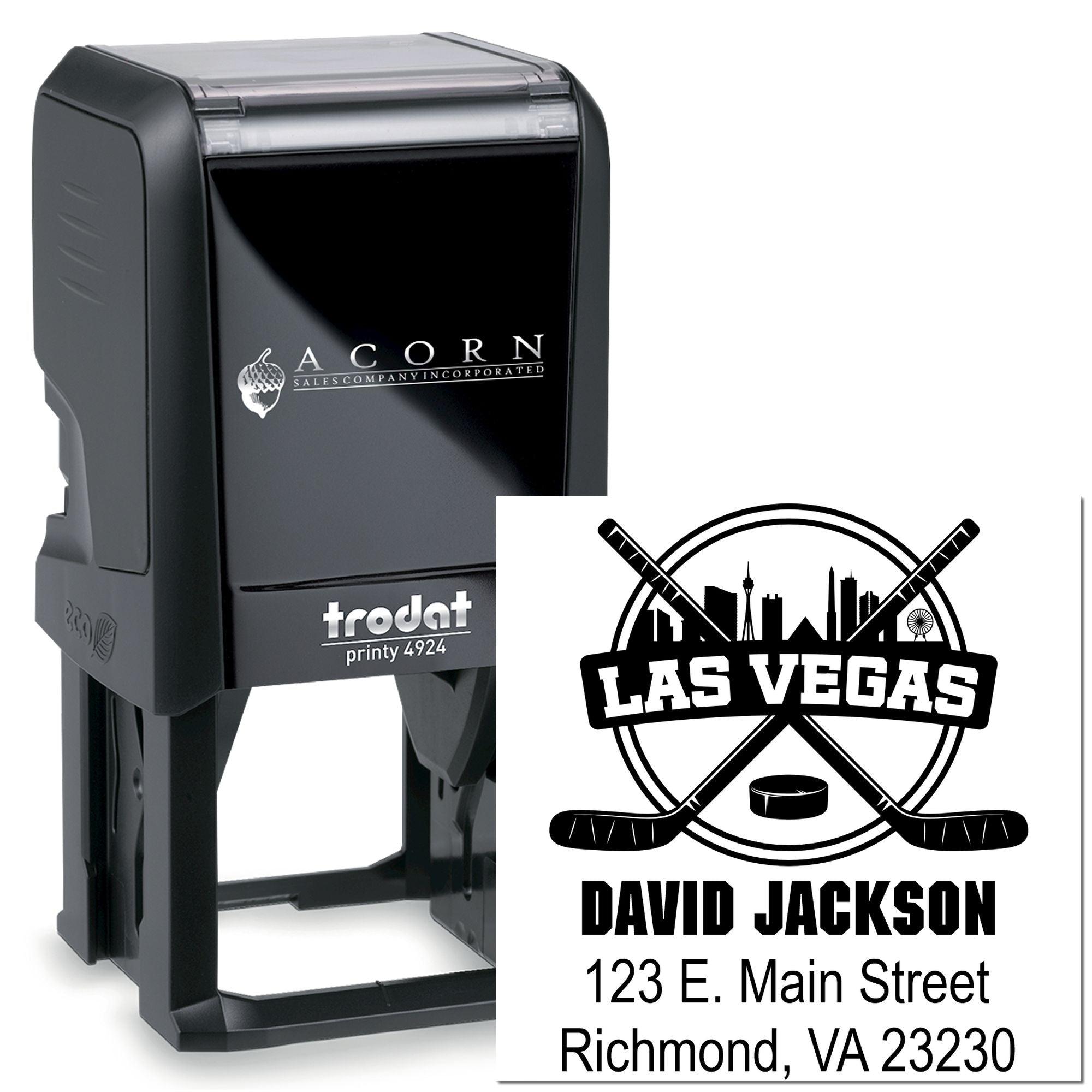 Custom self-inking Trodat rubber stamp with Las Vegas hockey logo, name, and address for business mailing and branding.