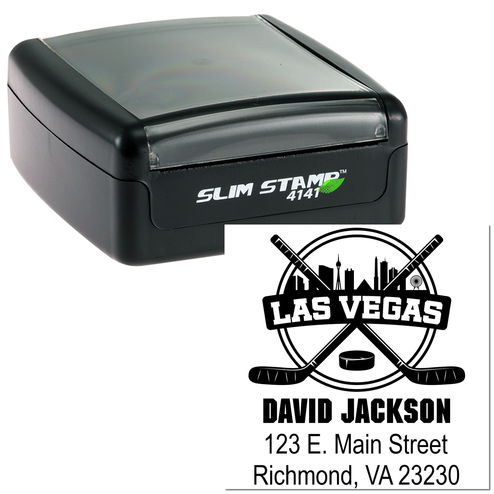 Custom Slim Stamp rubber stamp with Las Vegas hockey logo, name, and address imprint for personalized business branding.