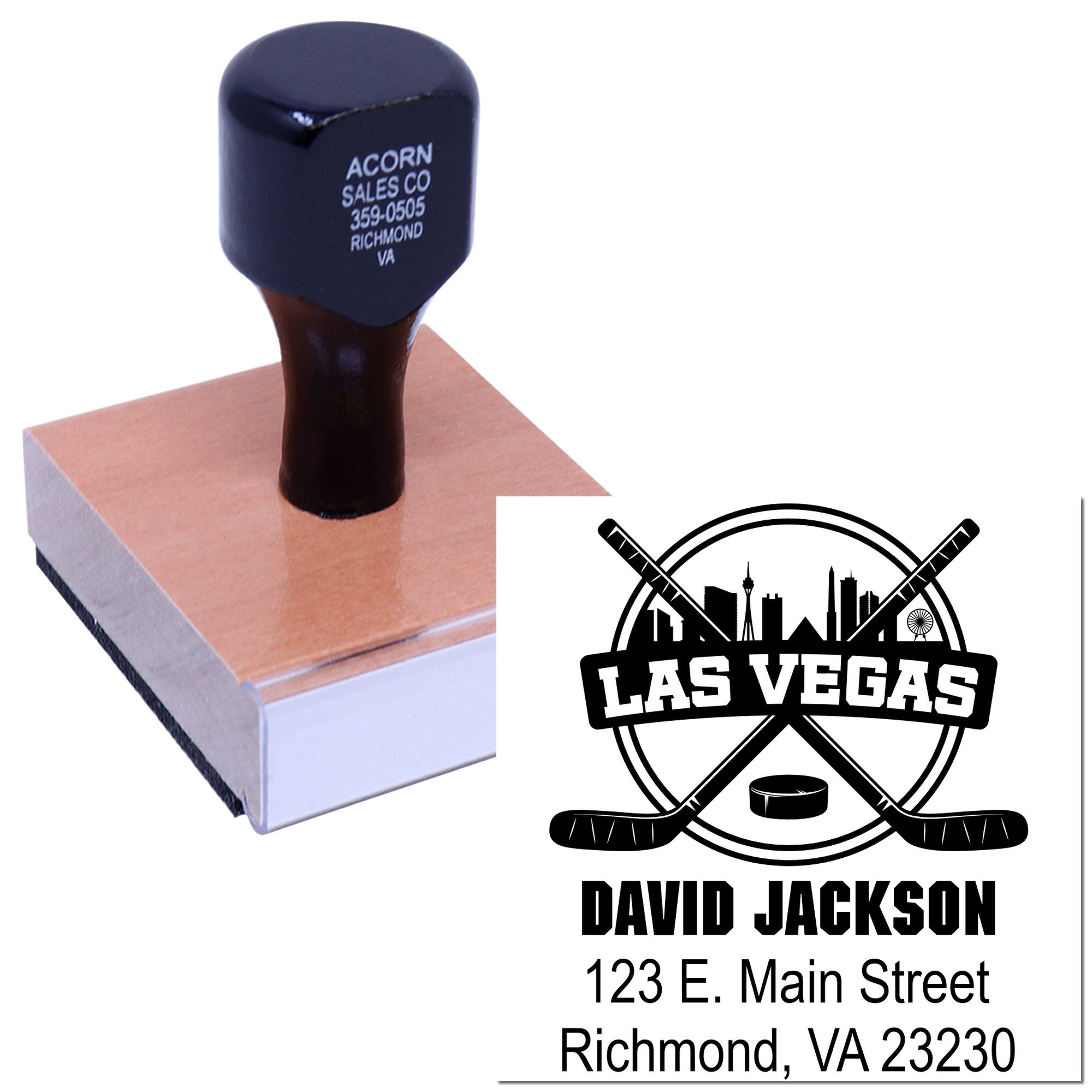 Custom address rubber stamp with Las Vegas hockey logo, David Jackson name, and Richmond, VA 23230 for business branding.