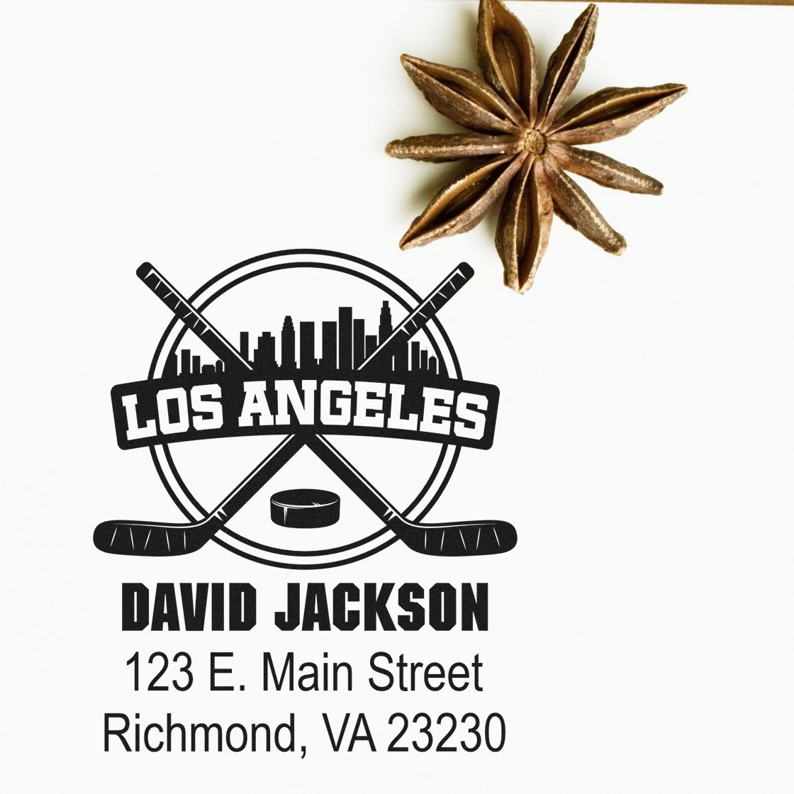 Custom hockey rubber stamp with Los Angeles logo, David Jackson name, and Richmond, VA address.