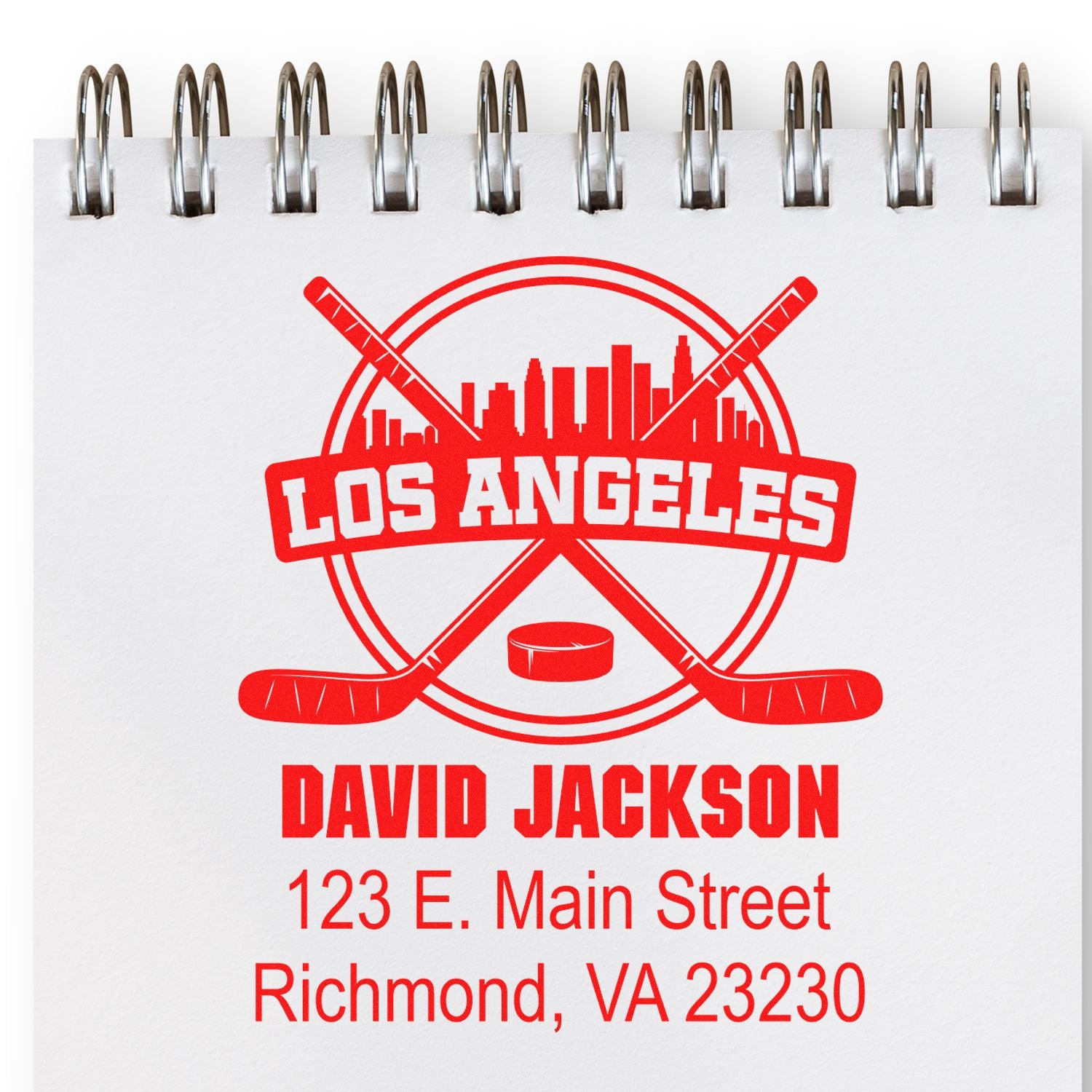 Personalized hockey rubber stamp design for David Jackson, featuring Los Angeles logo and return address for stationery.