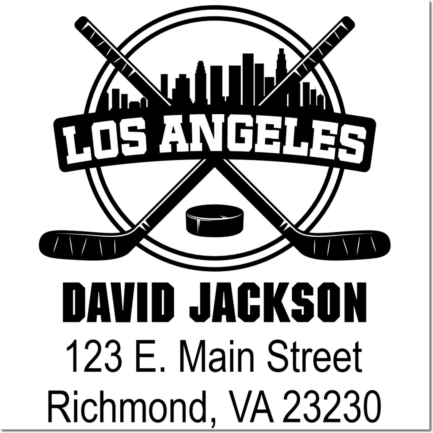 Custom hockey return address rubber stamp with Los Angeles skyline and David Jackson, 123 E. Main Street, Richmond, VA 23230