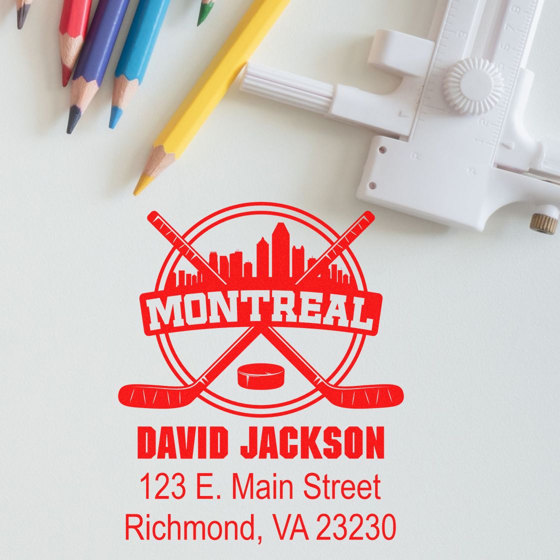 Custom Montreal hockey rubber stamp with crossed sticks, skyline, and personalized David Jackson address block.