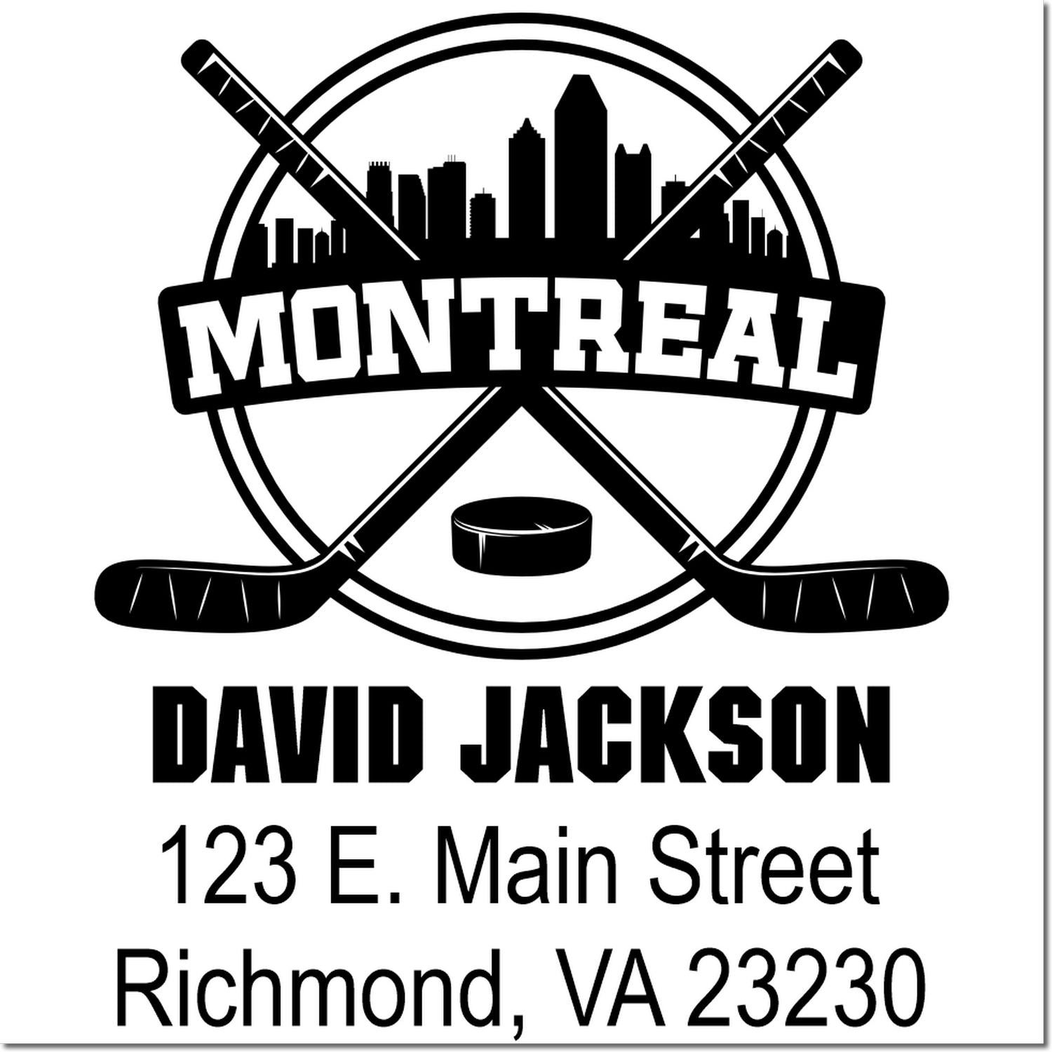 Custom Montreal hockey rubber stamp with skyline, crossed sticks, puck, and return address for David Jackson, Richmond VA 23230.