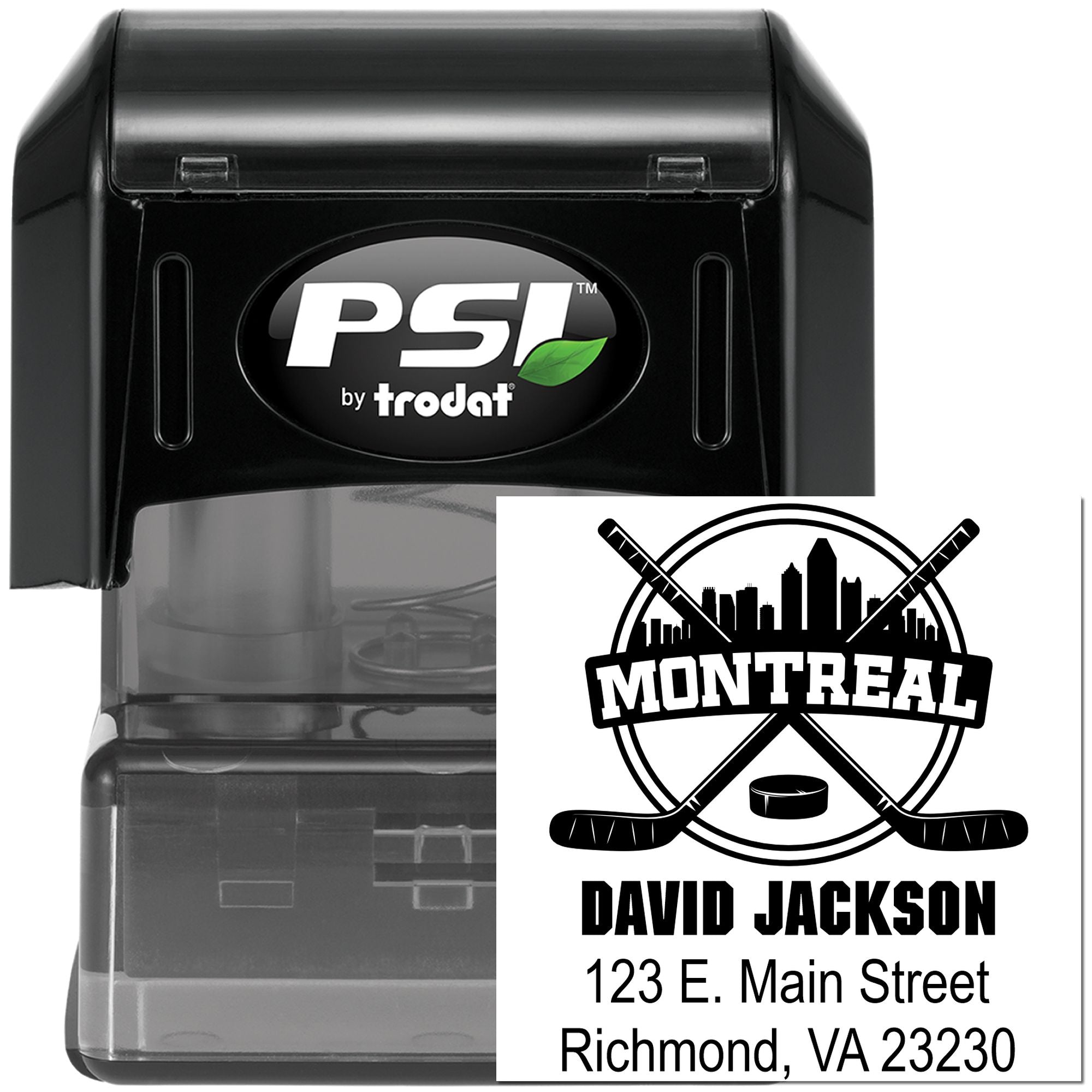 Custom self-inking Trodat PSI rubber stamp with Montreal hockey logo, name, and address for return mailing.