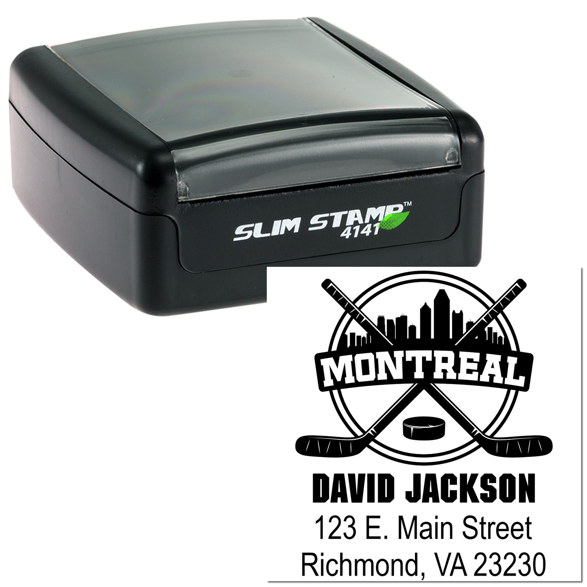 Custom Slim Stamp 4141 rubber stamp with Montreal hockey logo, name, and return address for personalized branding.