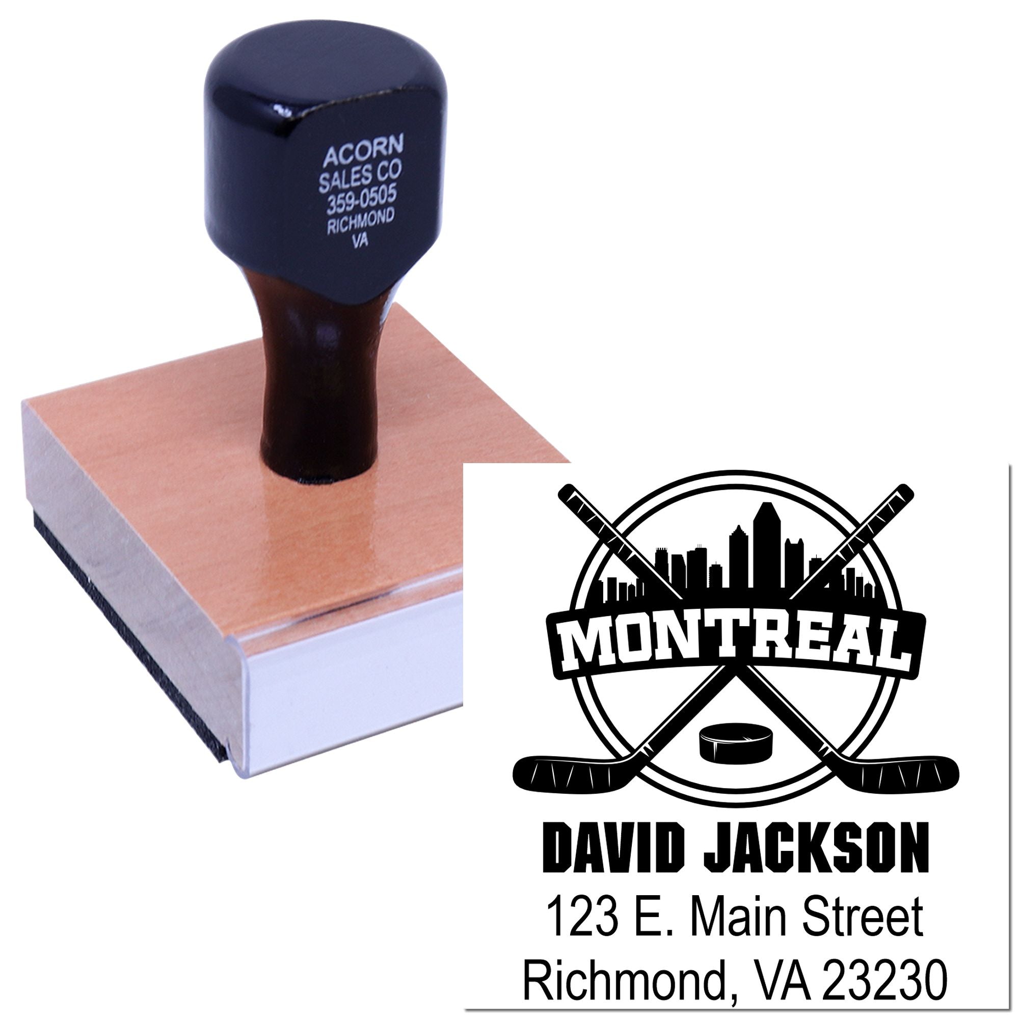 Custom hockey rubber stamp with Montreal logo, name, and address for personalized business or team branding.