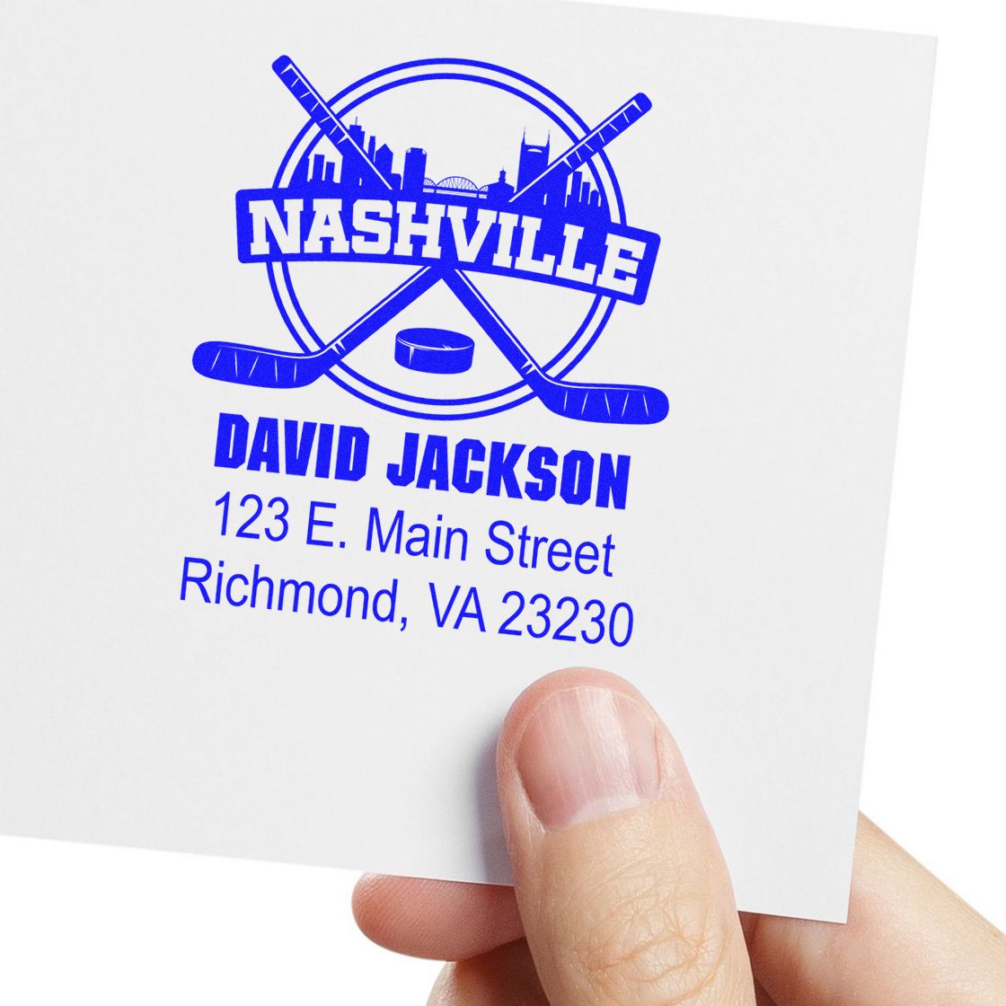 Custom return address rubber stamp with Nashville hockey logo, David Jackson, and Richmond, VA 23230.