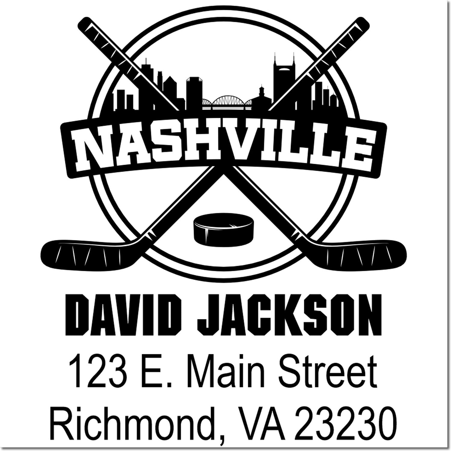 Custom Nashville hockey return address rubber stamp for David Jackson, with skyline and rink design.