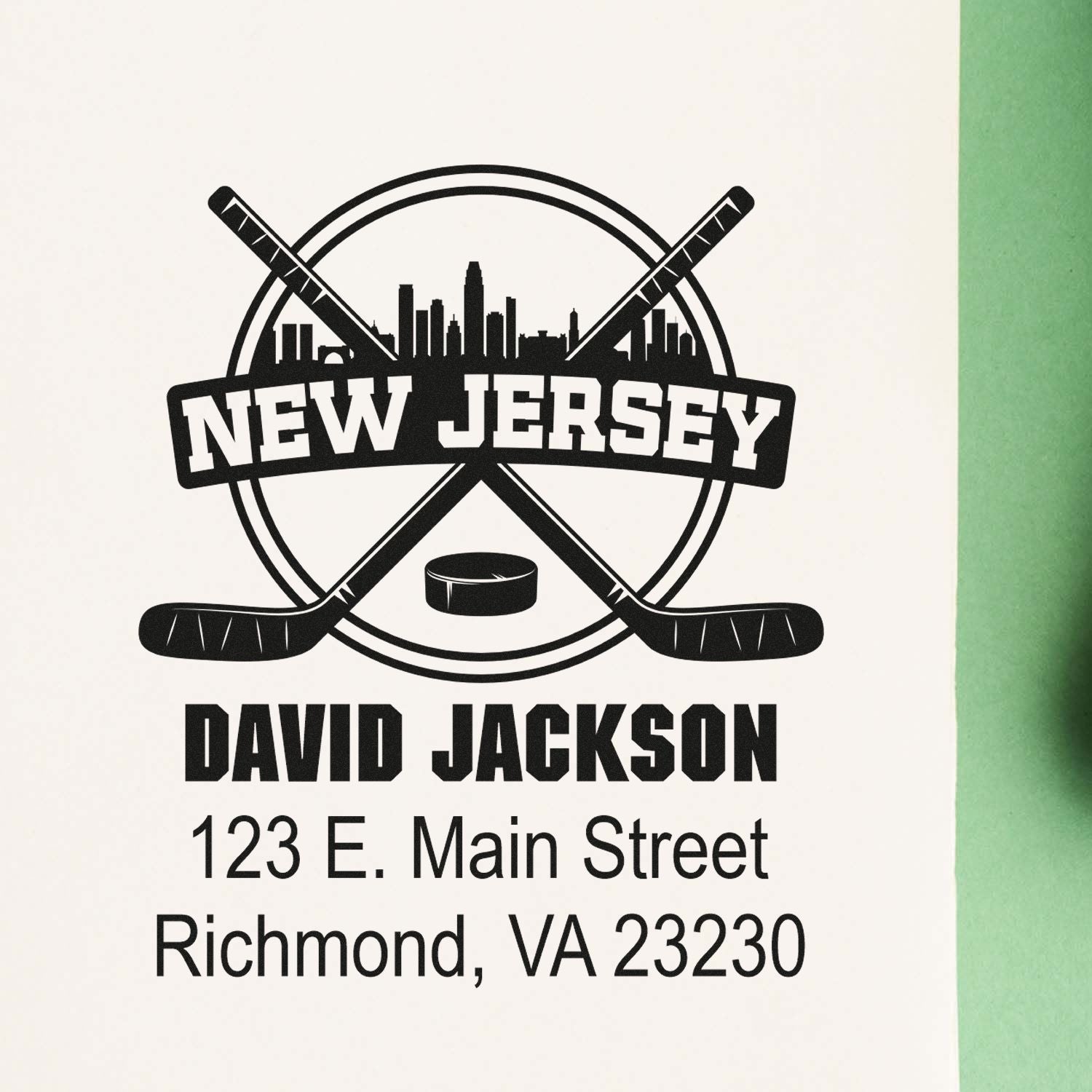 Custom New Jersey hockey rubber stamp for David Jackson, featuring skyline logo and return address in Richmond, VA 23230.