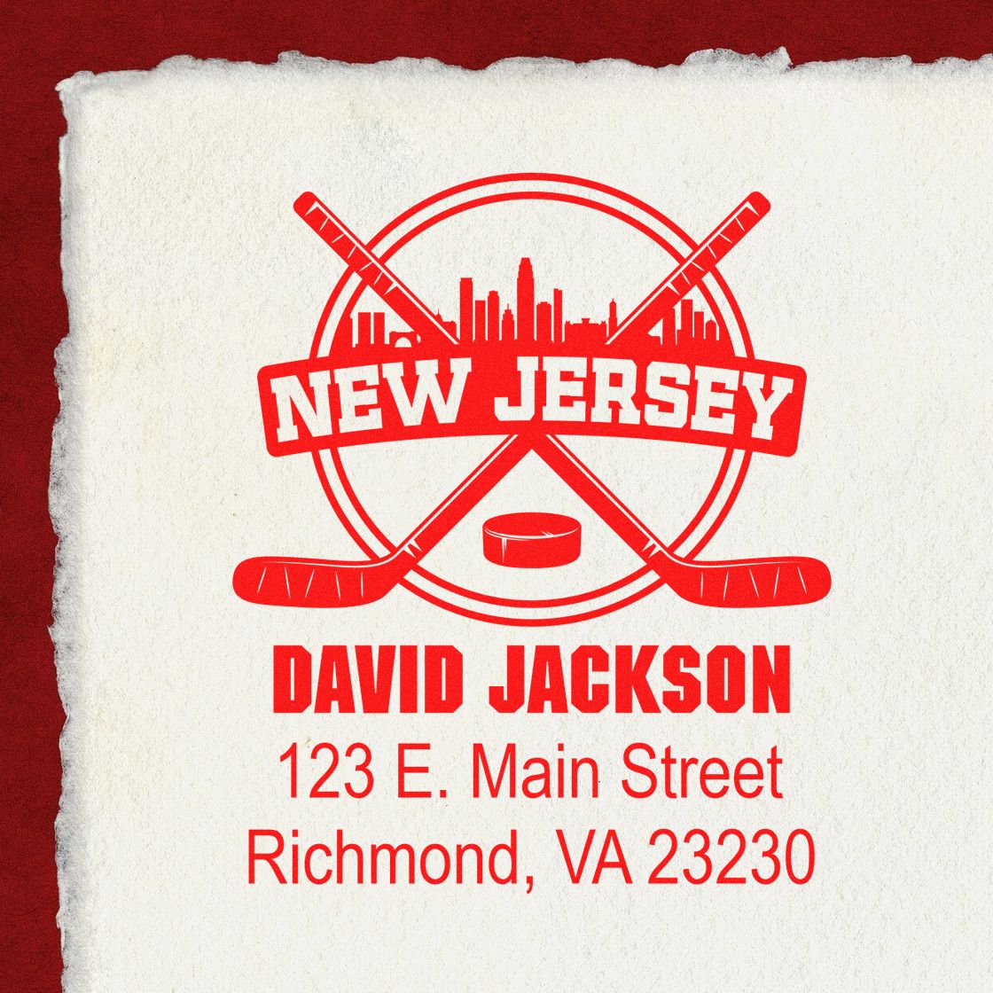 Custom New Jersey hockey rubber stamp with sticks, puck, name, and return address for personalized mail and sports stationery.