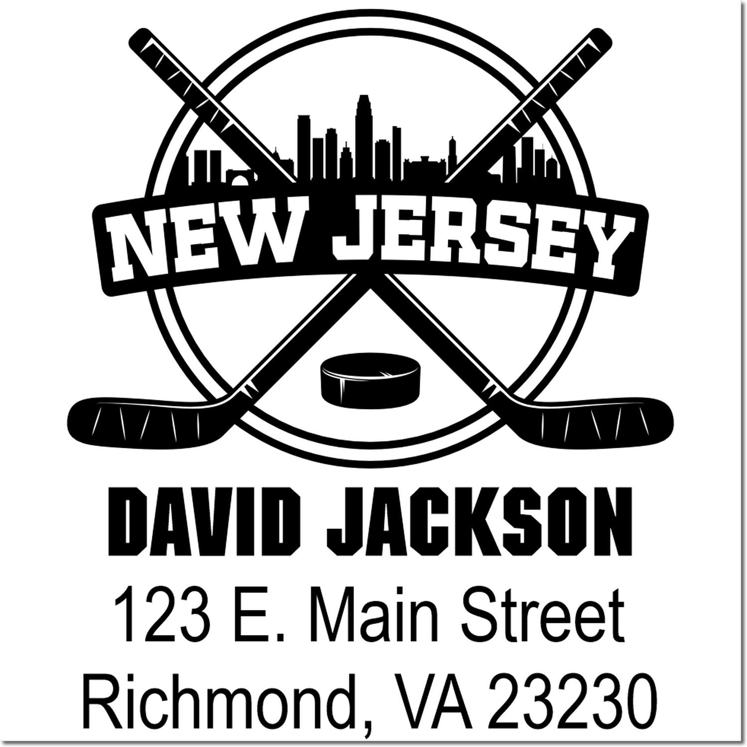 Custom New Jersey hockey rubber stamp with crossed sticks, David Jackson name, and return address for personalized mailing.