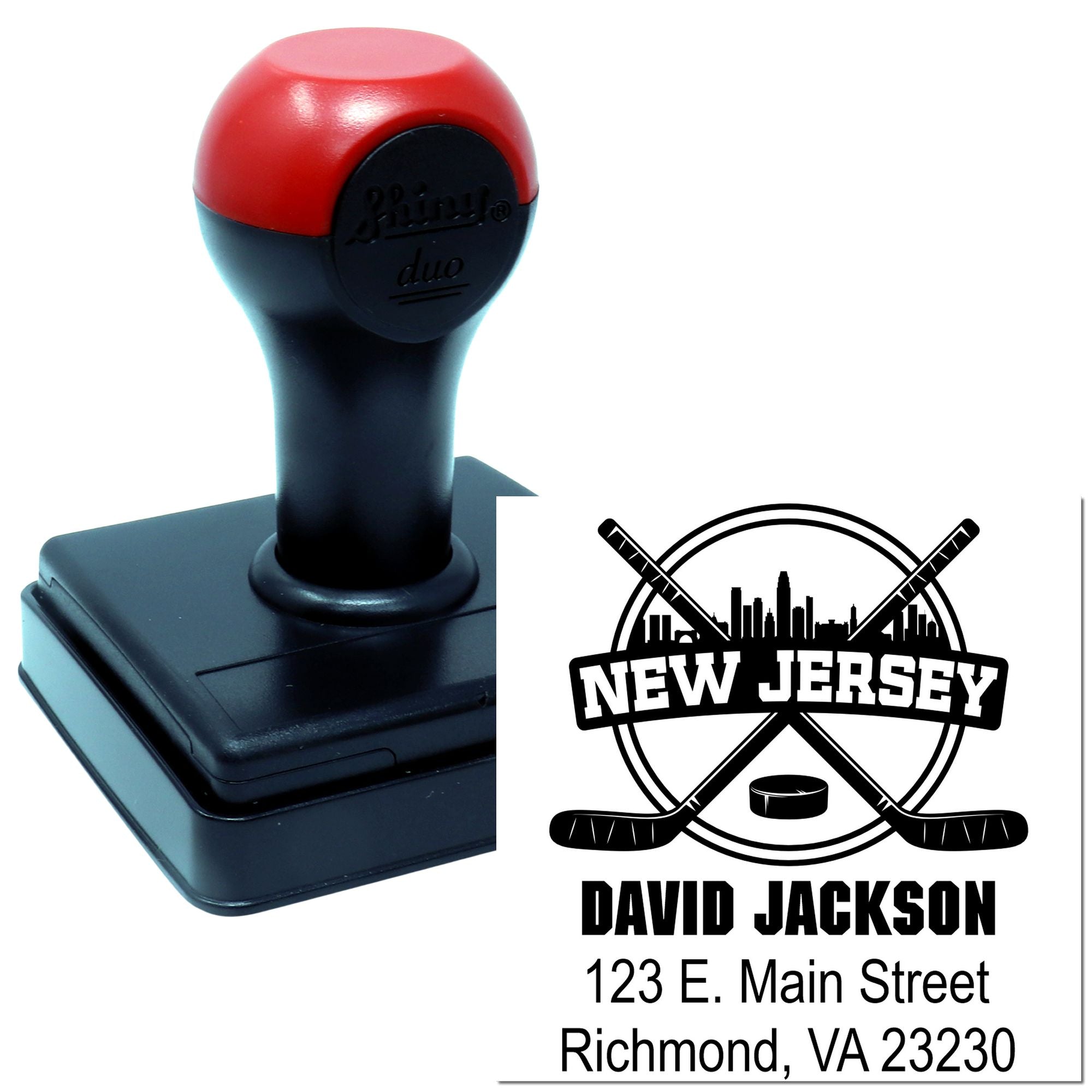 Custom self-inking rubber stamp with New Jersey hockey logo, personalized name, and address for mailing or branding.