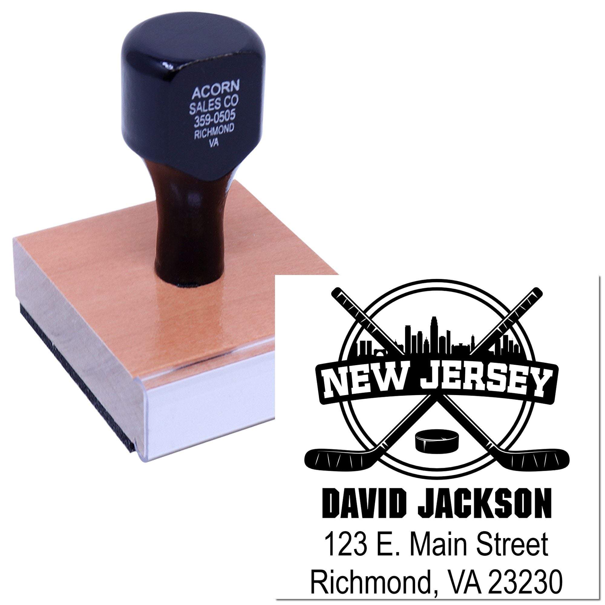 Custom hockey rubber stamp with New Jersey logo, David Jackson name, and Richmond, VA address for business branding.