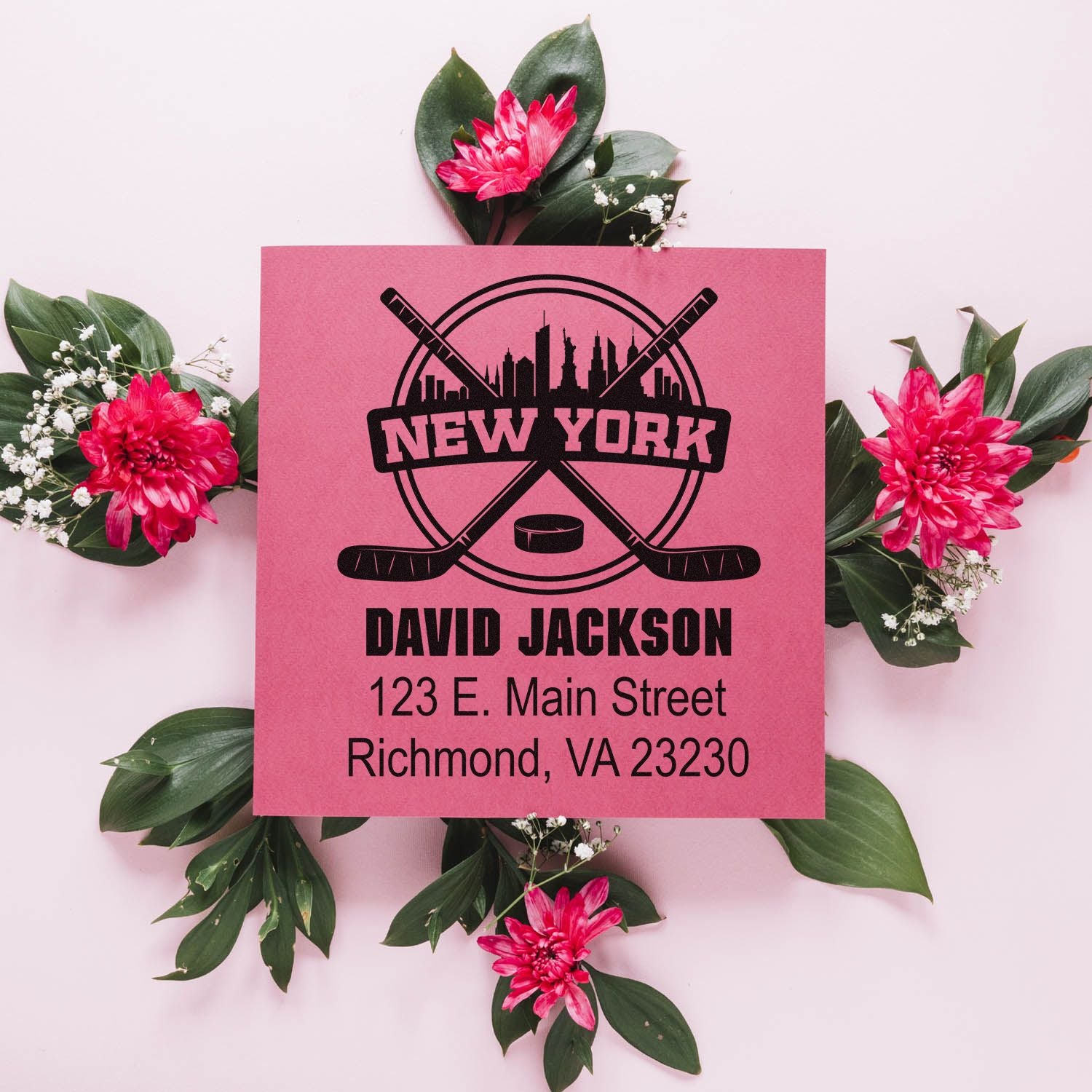 Personalized New York hockey rubber stamp with name and Richmond, VA address for custom mail and stationery