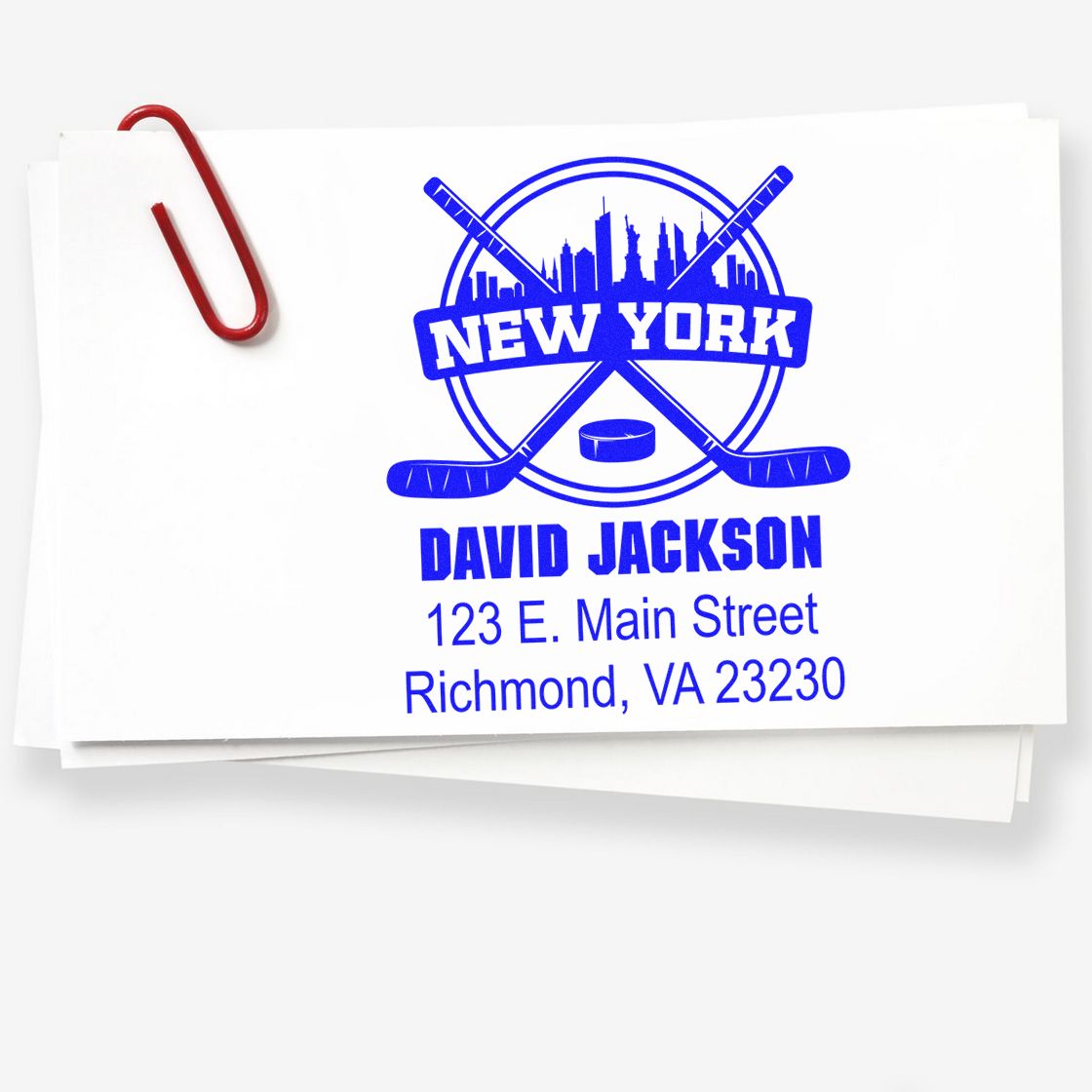 Custom hockey rubber stamp with New York team logo, name, and return address for personalized mailing.