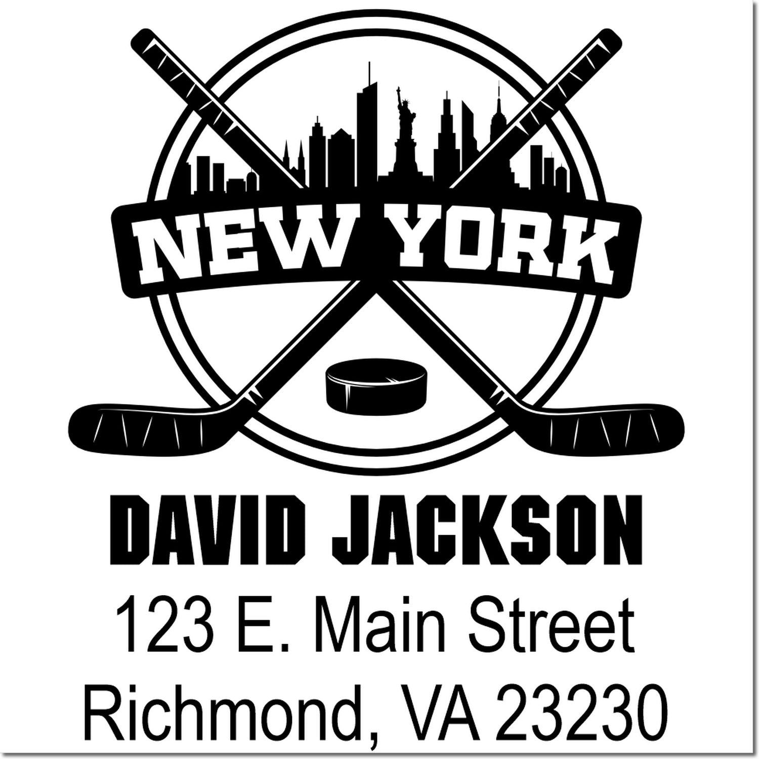 Custom New York hockey rubber stamp with skyline, crossed sticks, and personalized name and address, David Jackson, Richmond VA 23230.
