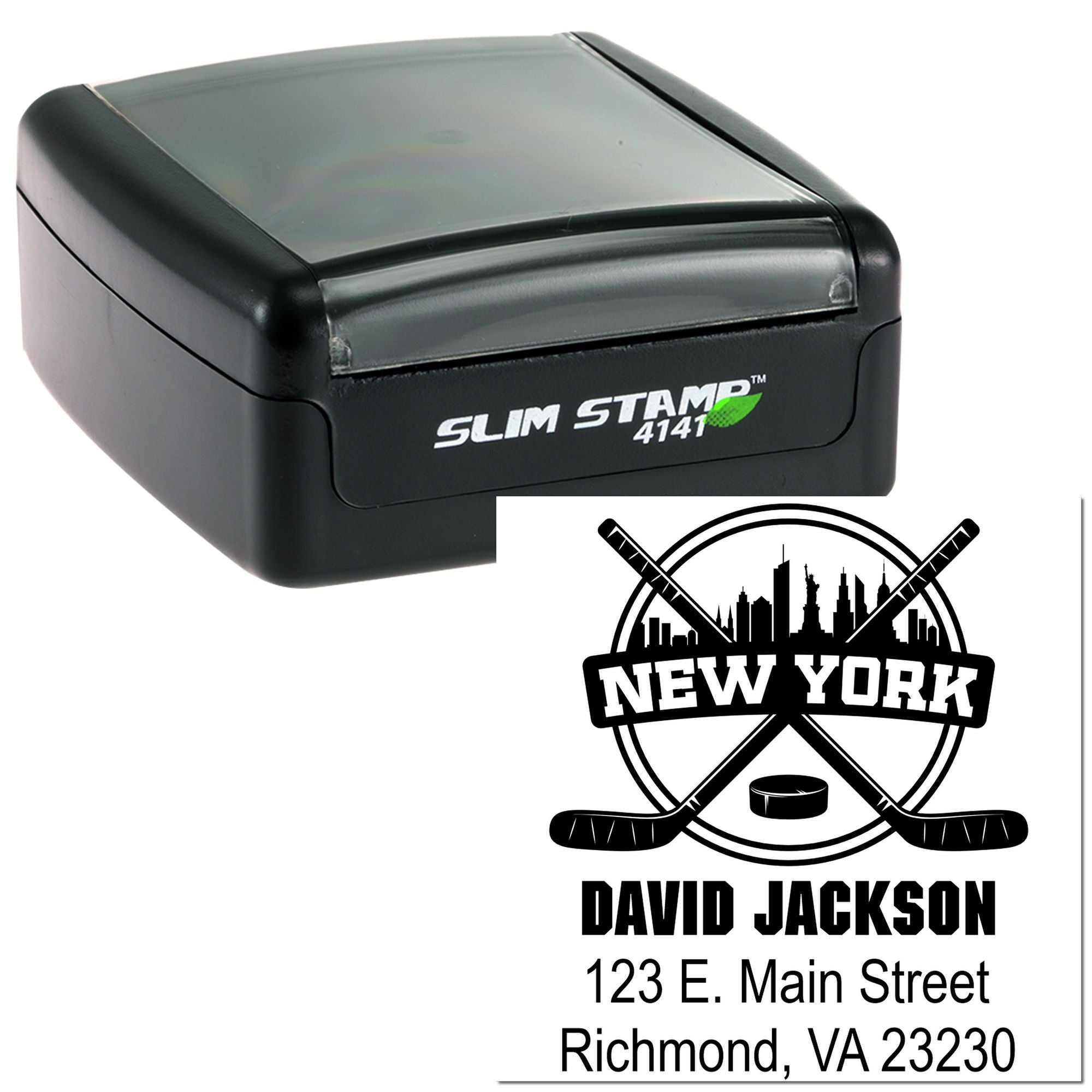 Custom self-inking rubber stamp with hockey logo, name, and address for personalized mail and branding