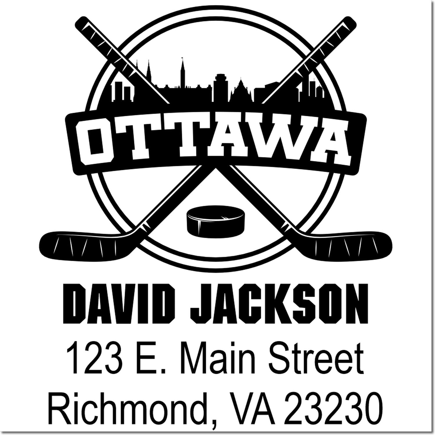 Custom Ottawa hockey rubber stamp with name, address, and city for return mail: David Jackson, 123 E. Main Street, Richmond, VA 23230