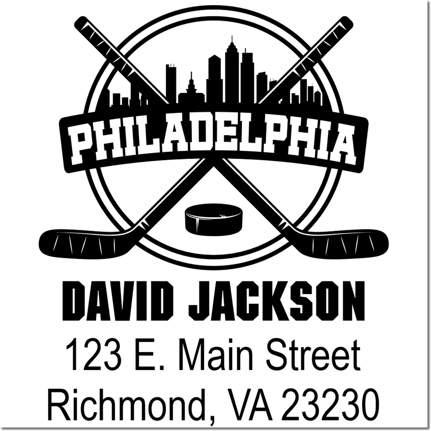 Custom Philadelphia hockey rubber stamp for David Jackson, featuring skyline, crossed sticks, and return address.