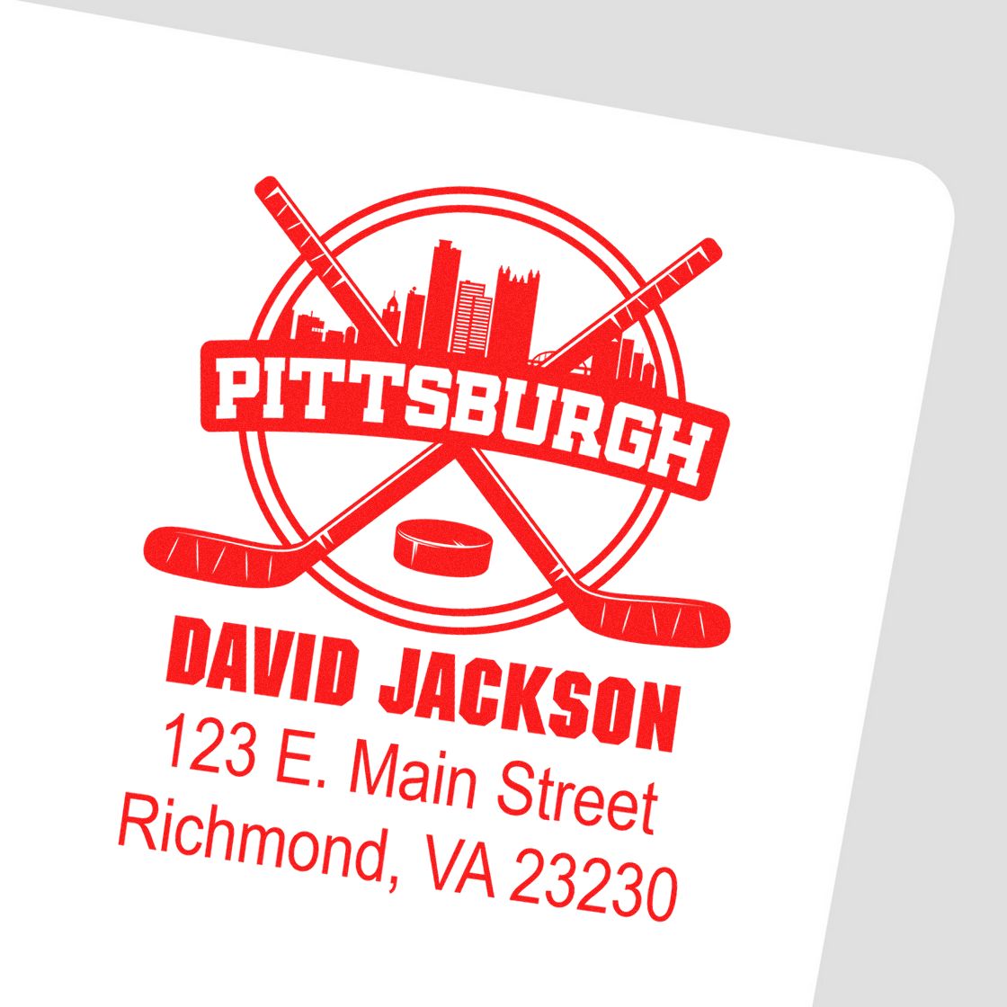 Personalized Pittsburgh hockey return address rubber stamp with skyline, crossed sticks, and David Jackson, Richmond, VA.