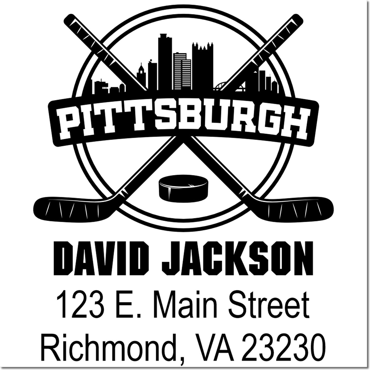 Custom Pittsburgh hockey rubber stamp with skyline, crossed sticks, and David Jackson return address, Richmond, VA.