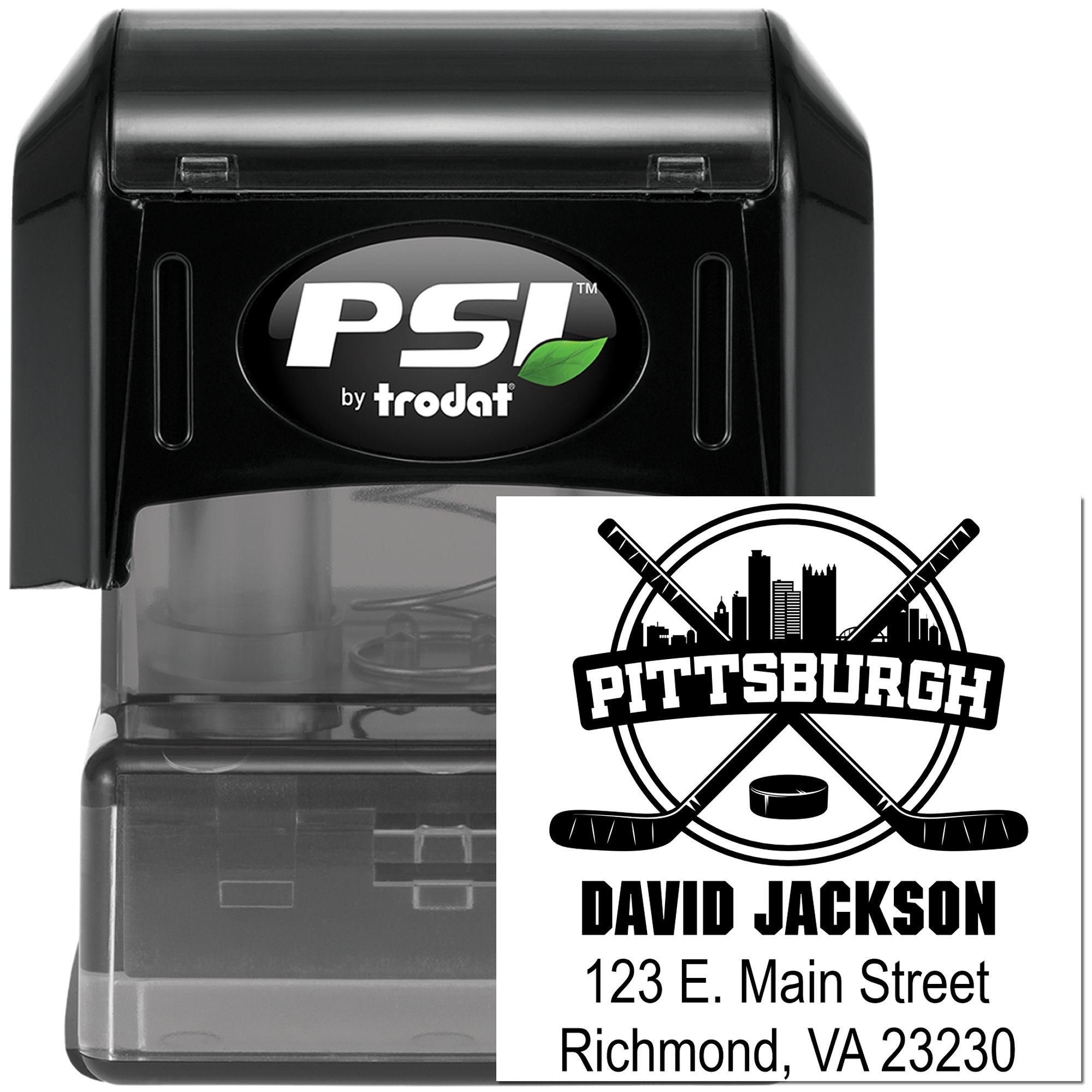Custom self-inking rubber stamp by PSI Trodat with Pittsburgh hockey logo, name, and address imprint.