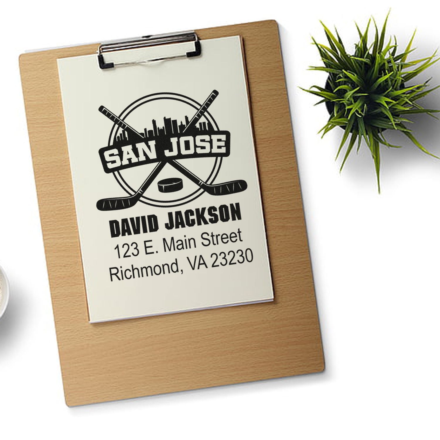 Custom San Jose hockey return address rubber stamp for David Jackson, Richmond, VA