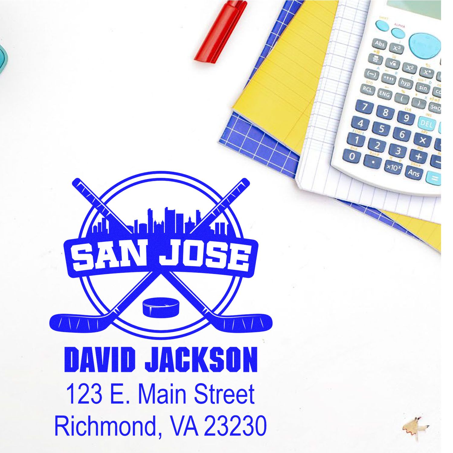 Custom San Jose hockey rubber stamp with David Jackson address, perfect for branded business mail and personal stationery.