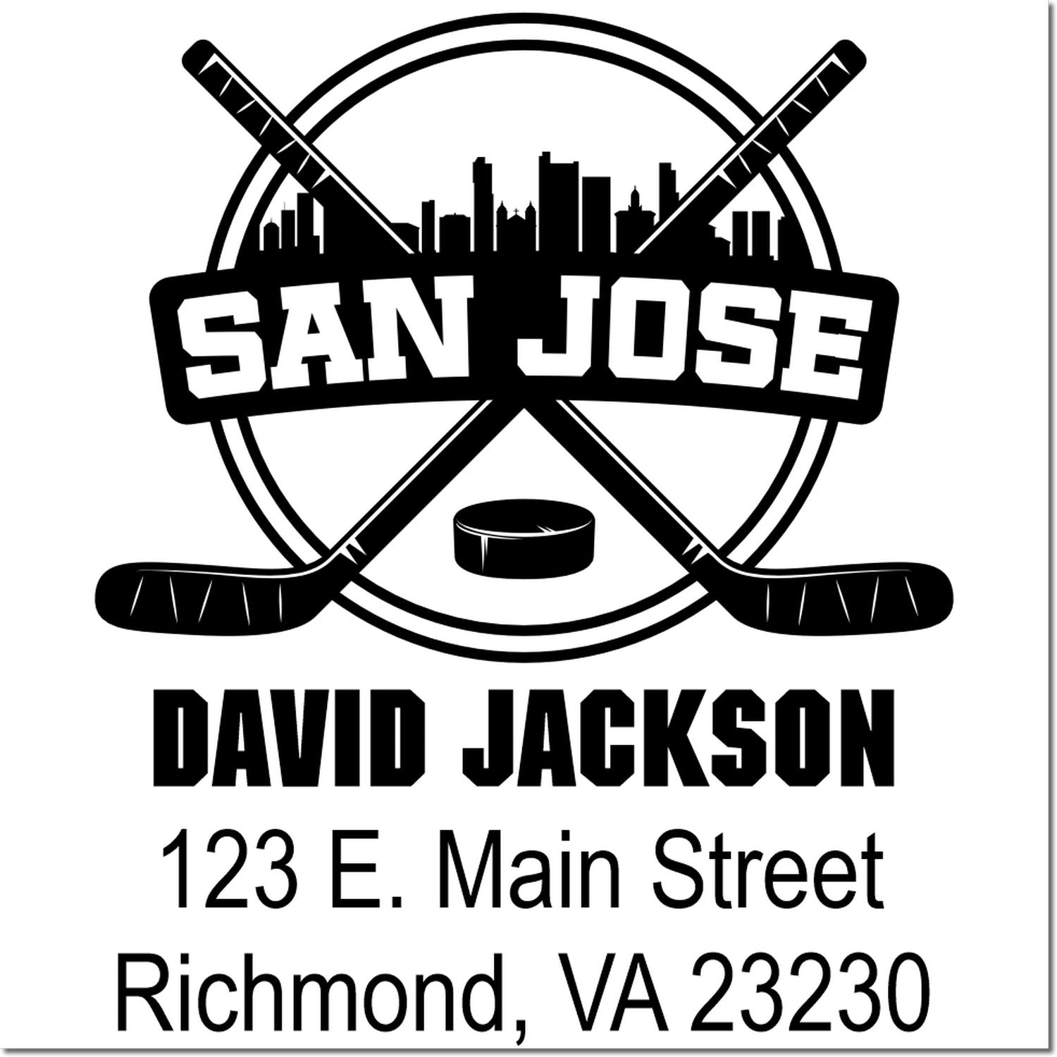 Custom San Jose hockey rubber stamp with crossed sticks, skyline, and David Jackson return address, Richmond, VA 23230.