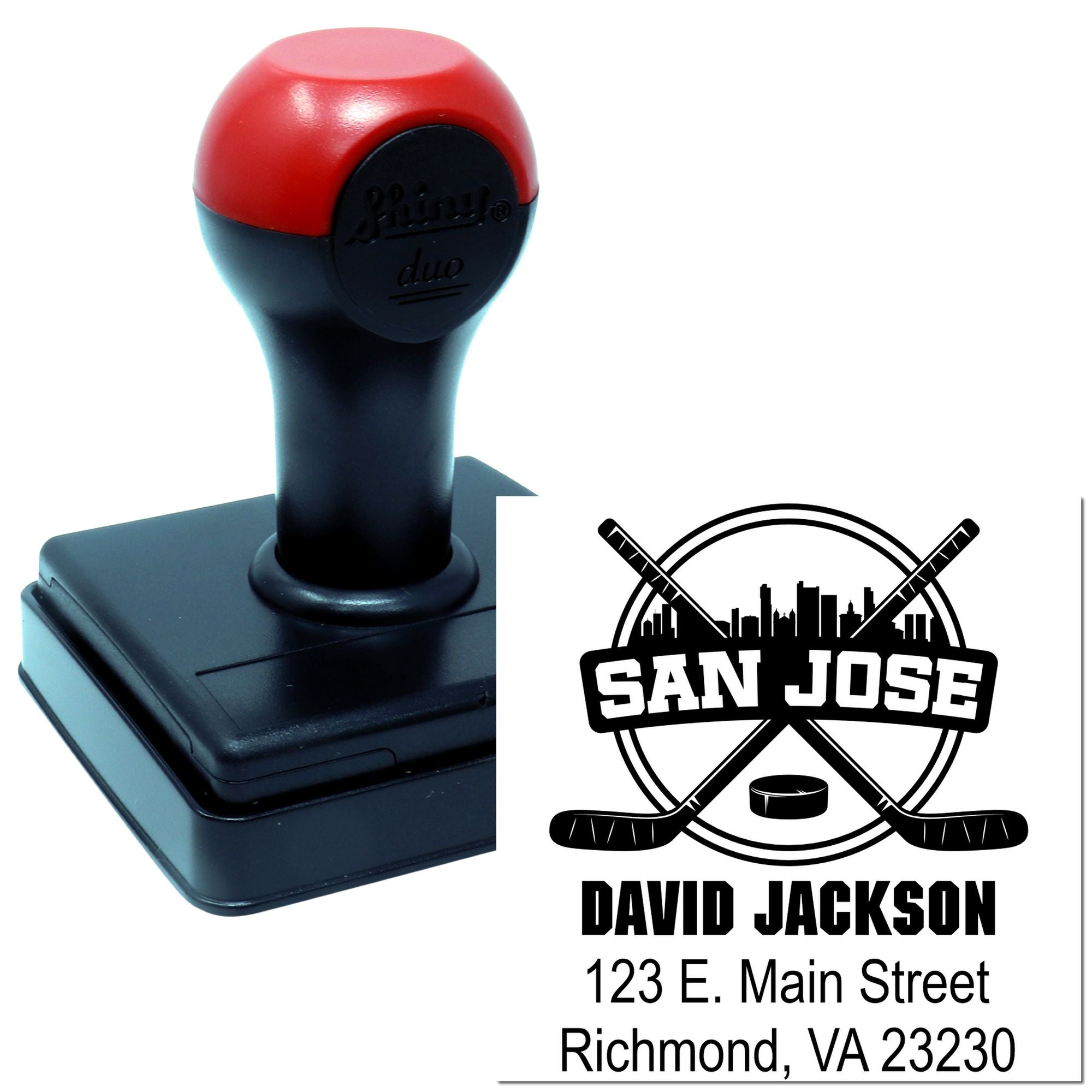 Self-inking custom rubber stamp with San Jose hockey design and address imprint for personalized mail branding.