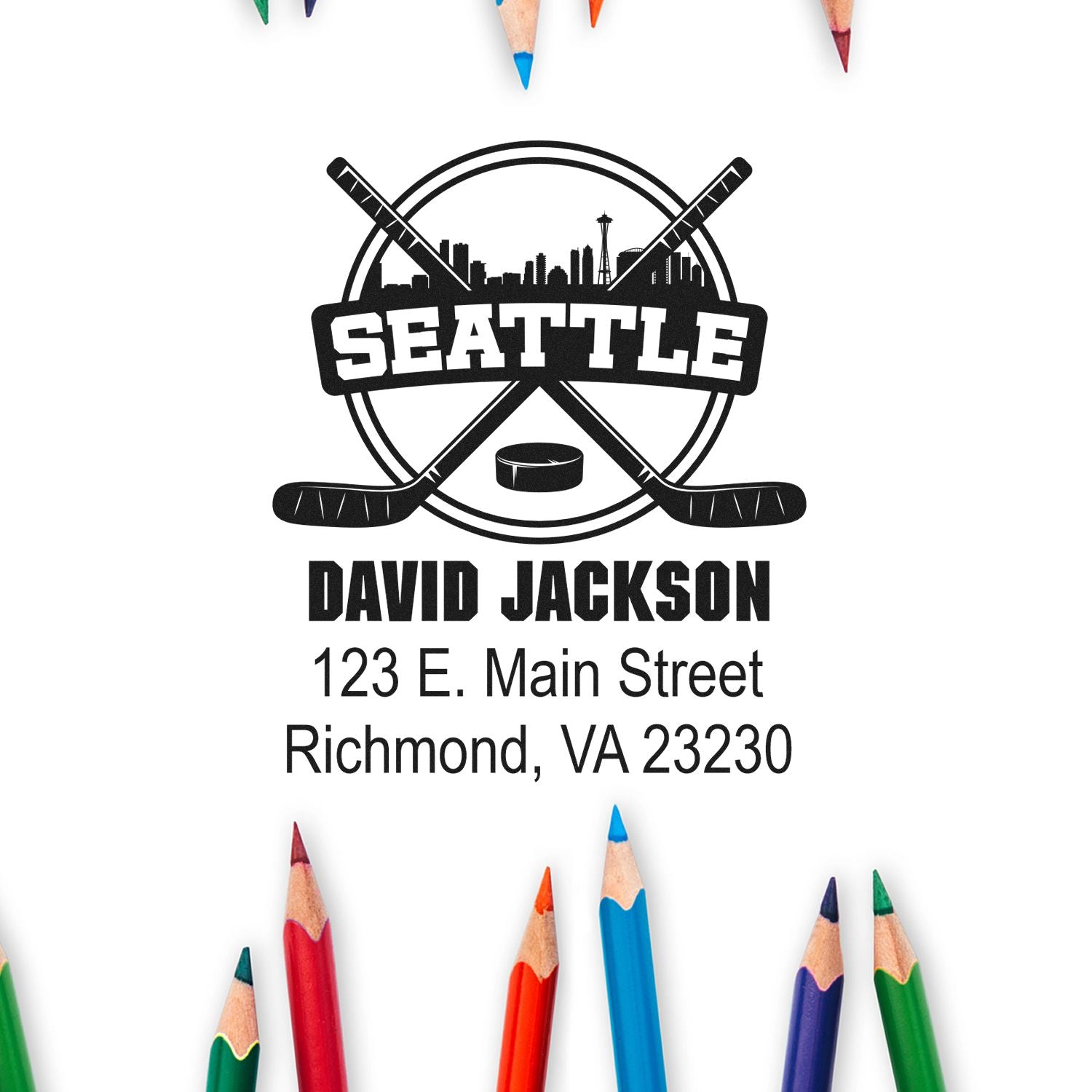 Custom Seattle hockey rubber stamp design with crossed sticks, David Jackson name, and Richmond, VA address.