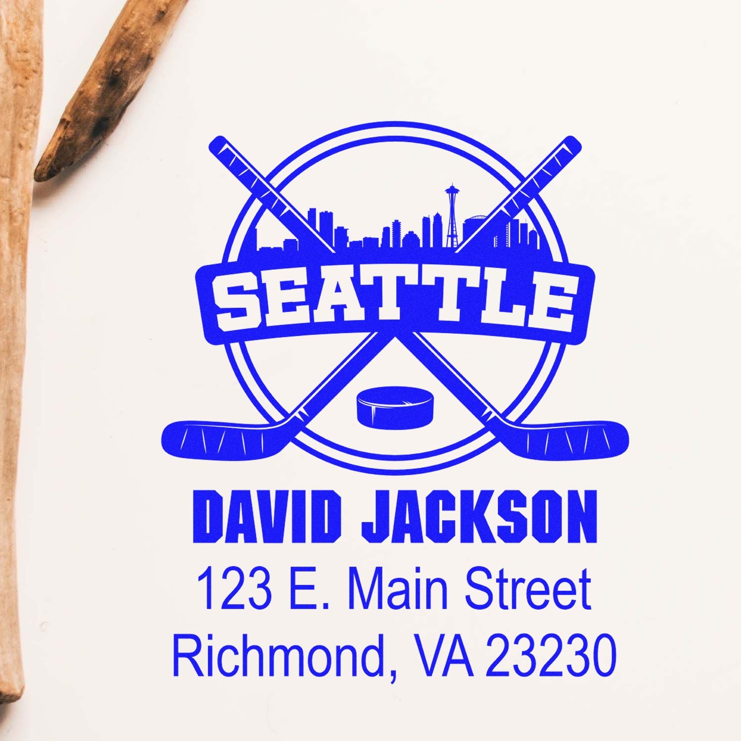 Custom Seattle hockey rubber stamp with personalized name and return address for sports team stationery