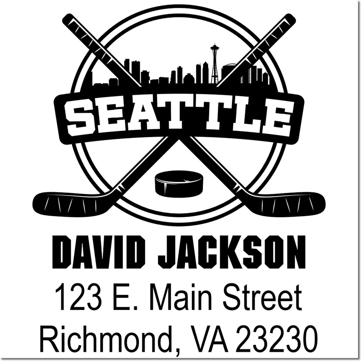 Seattle hockey rubber stamp with skyline and crossed sticks, David Jackson, Richmond, VA 23230 return address.