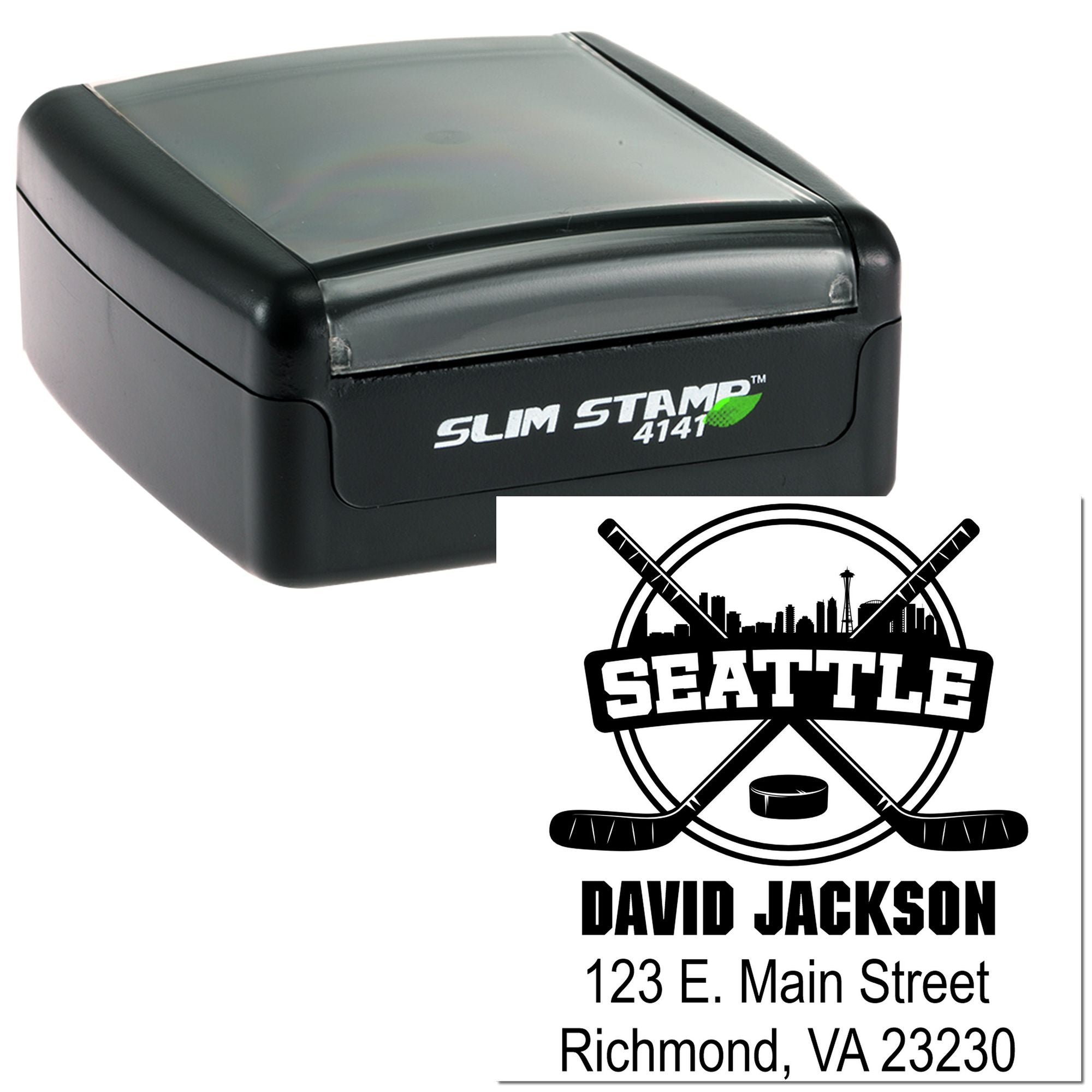 Slim Stamp 4141 self-inking rubber stamp with custom Seattle hockey logo, name, and address imprint.