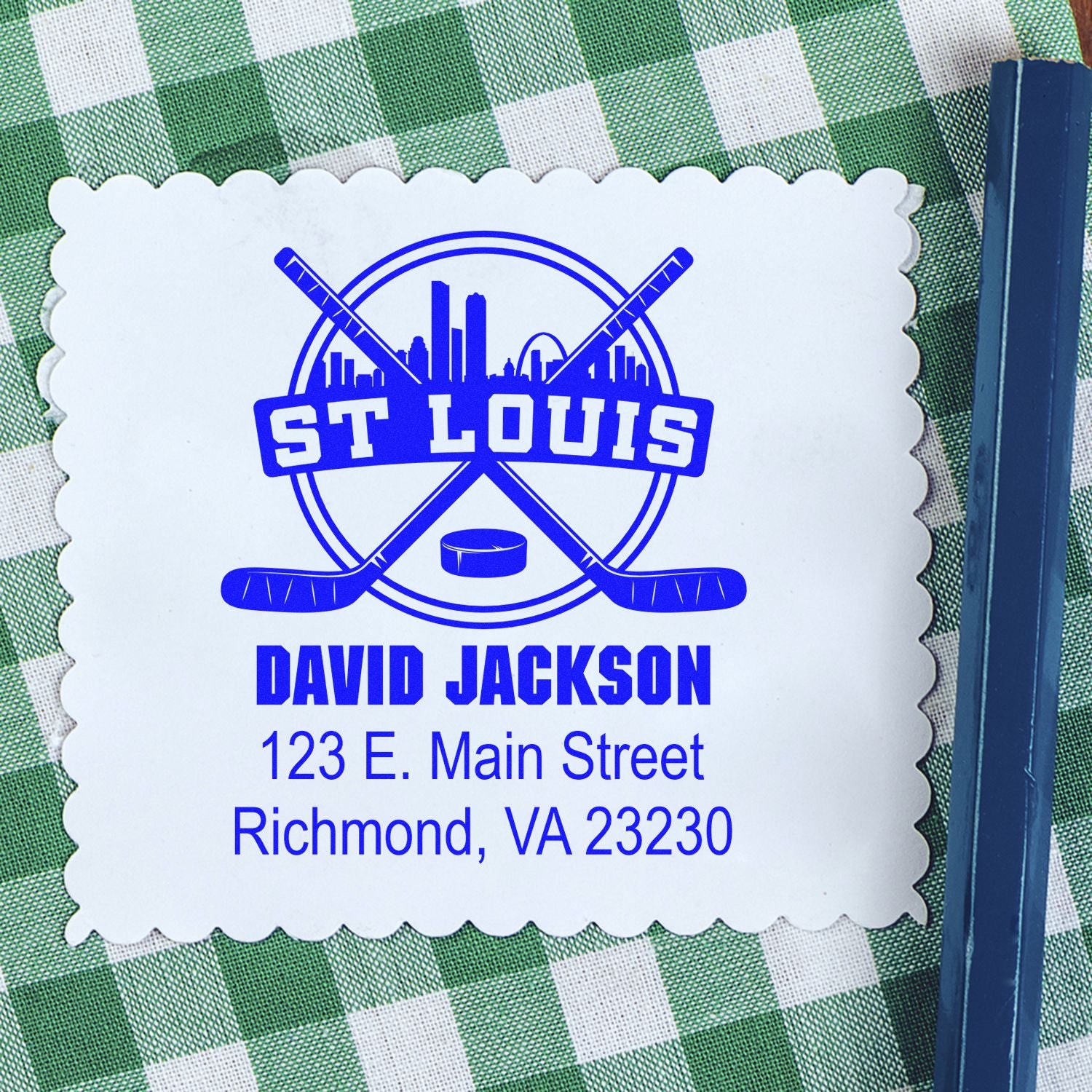 Custom St. Louis rubber stamp with hockey logo and David Jackson address for mail, branding, or personal stationery.