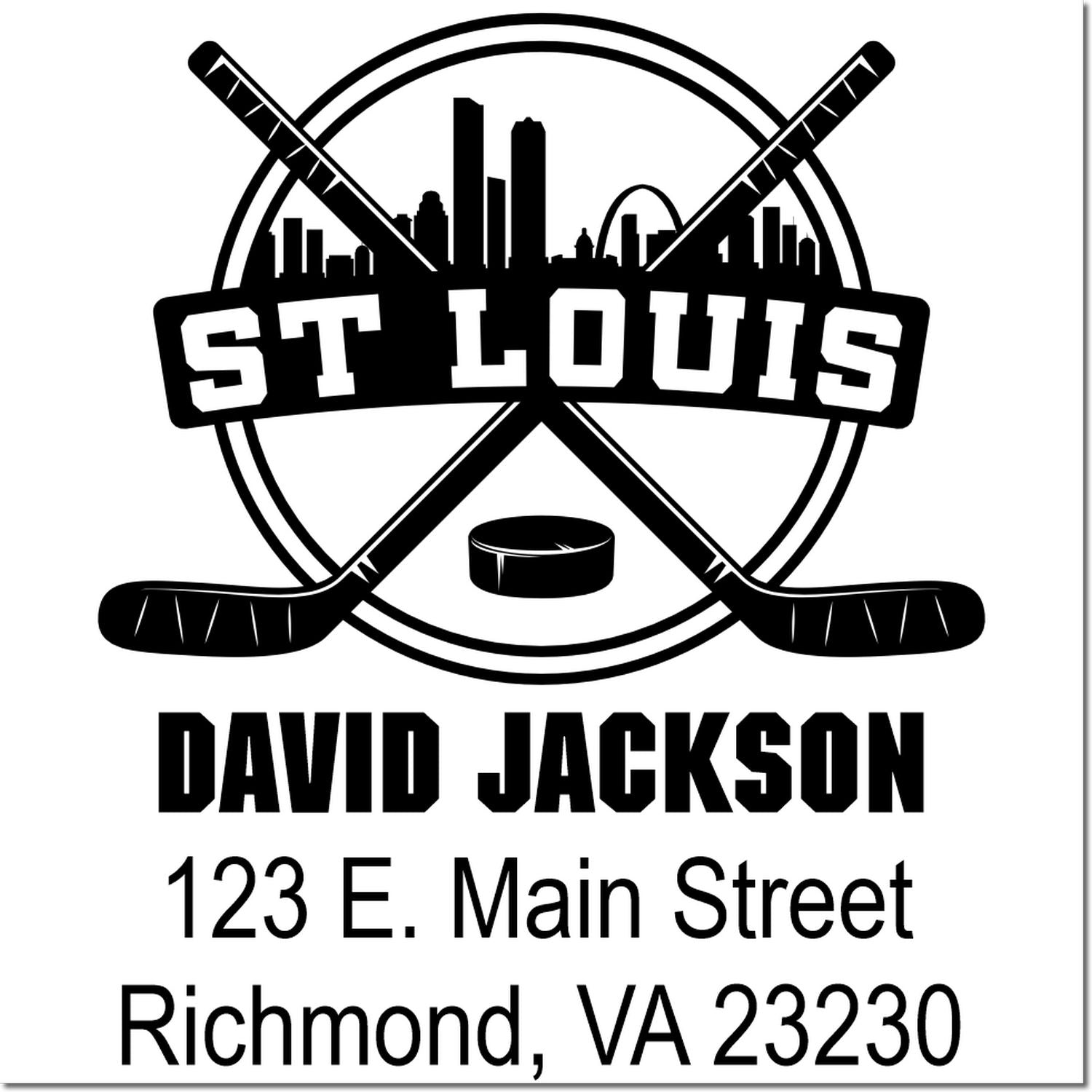 Custom St. Louis hockey rubber stamp with David Jackson name and Richmond, VA return address.
