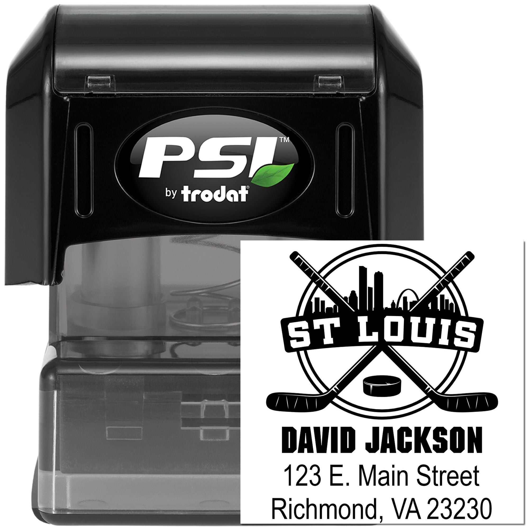 Self-inking PSI by Trodat custom rubber stamp with St. Louis hockey address design for David Jackson.