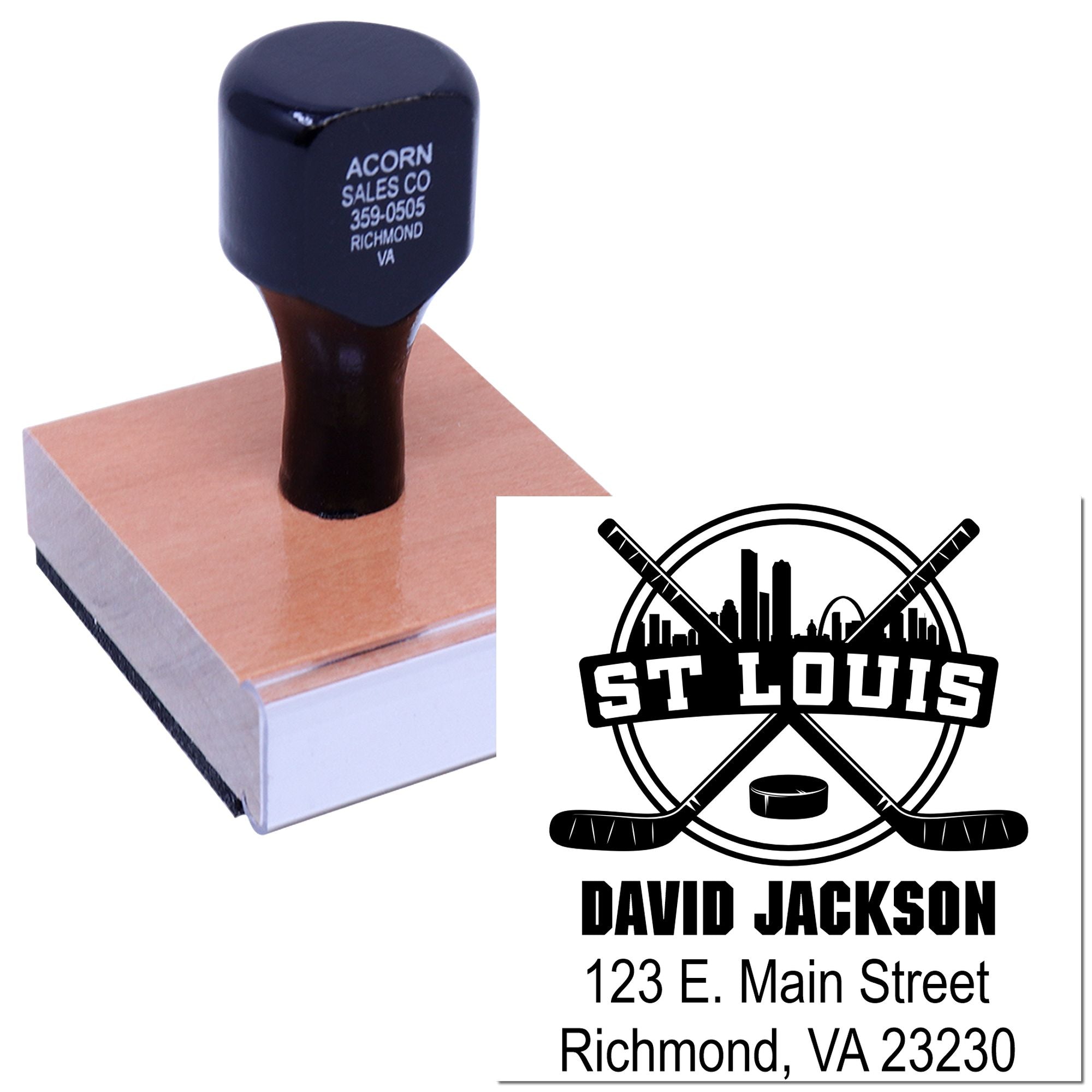 Self-inking custom rubber stamp with St. Louis hockey logo, name, and address for personalized mailing and branding.