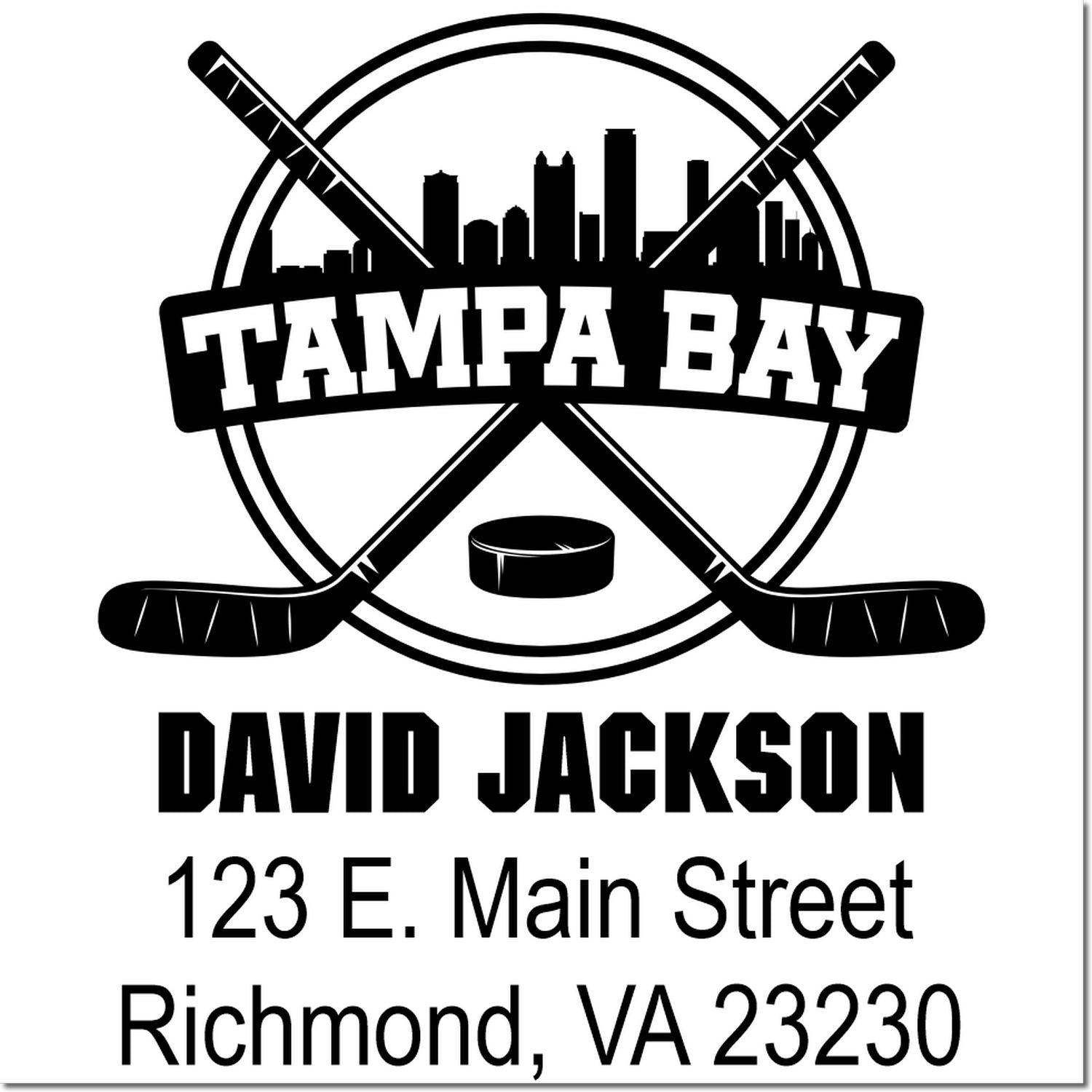 Personalized Tampa Bay hockey address stamp with crossed sticks, David Jackson name, Richmond, VA 23230