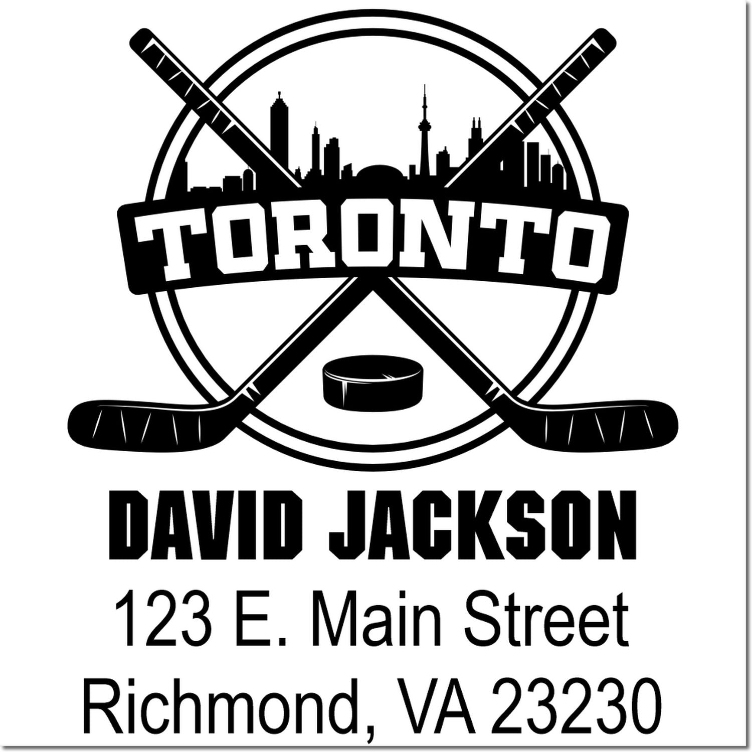 Custom Toronto hockey return address stamp for David Jackson, Richmond, VA 23230, featuring crossed hockey sticks and skyline.