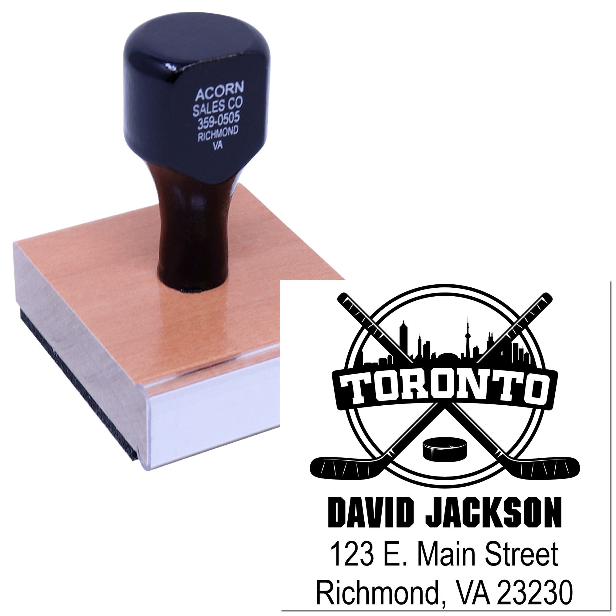 Custom hockey rubber stamp with Toronto logo, name, and address on mounted stamp block.