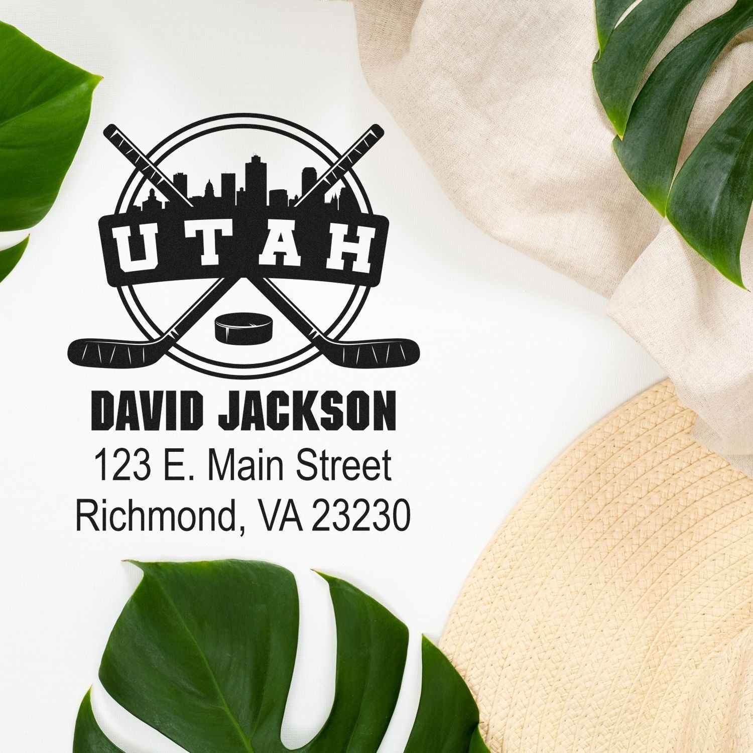 Custom Utah hockey address rubber stamp with personalized name and address for return mail labels.