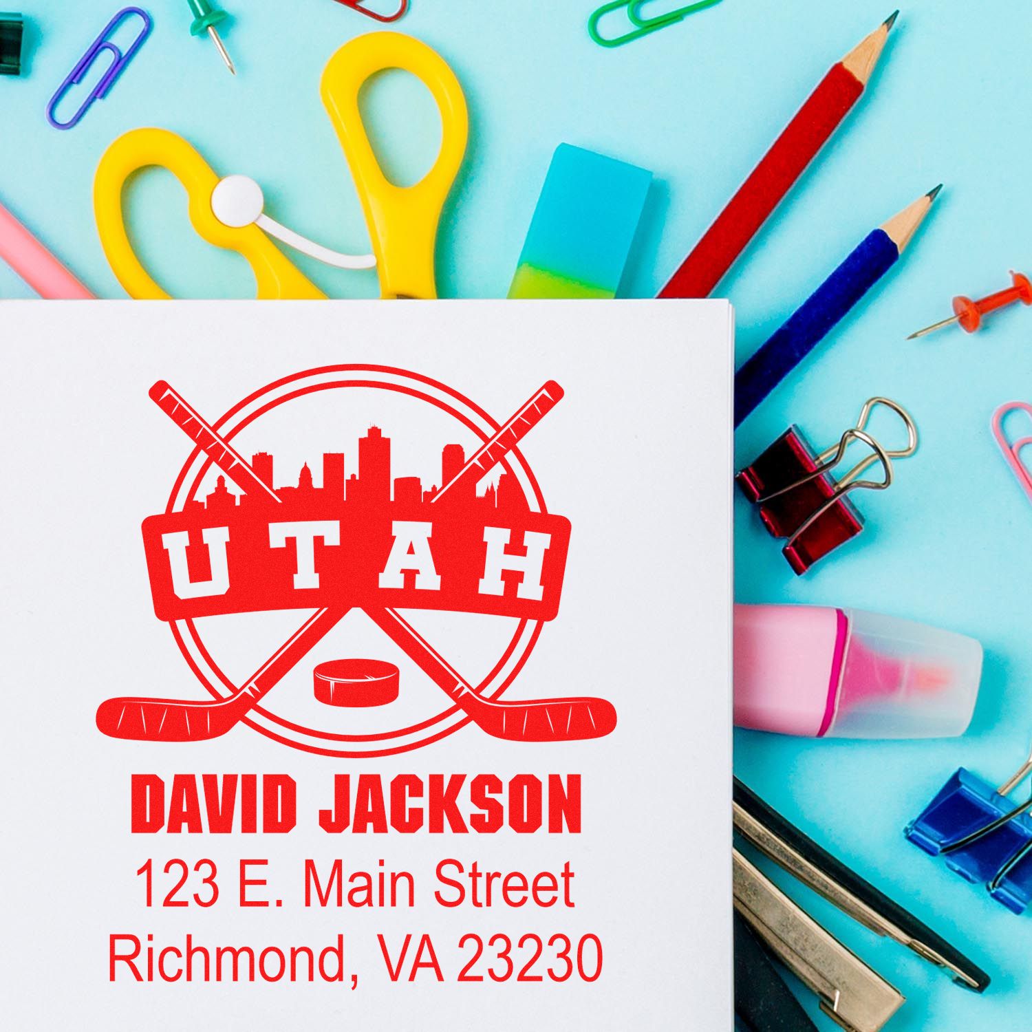 Personalized Utah hockey custom address rubber stamp with name, street address, and city for mailing.