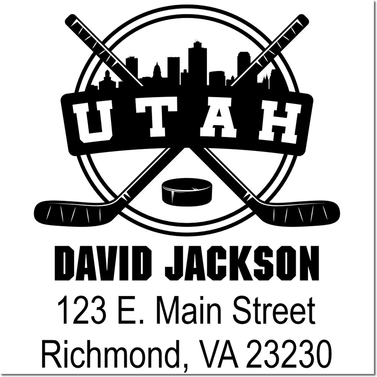 Custom Utah hockey return address rubber stamp with skyline, crossed sticks, and personalized name and address.