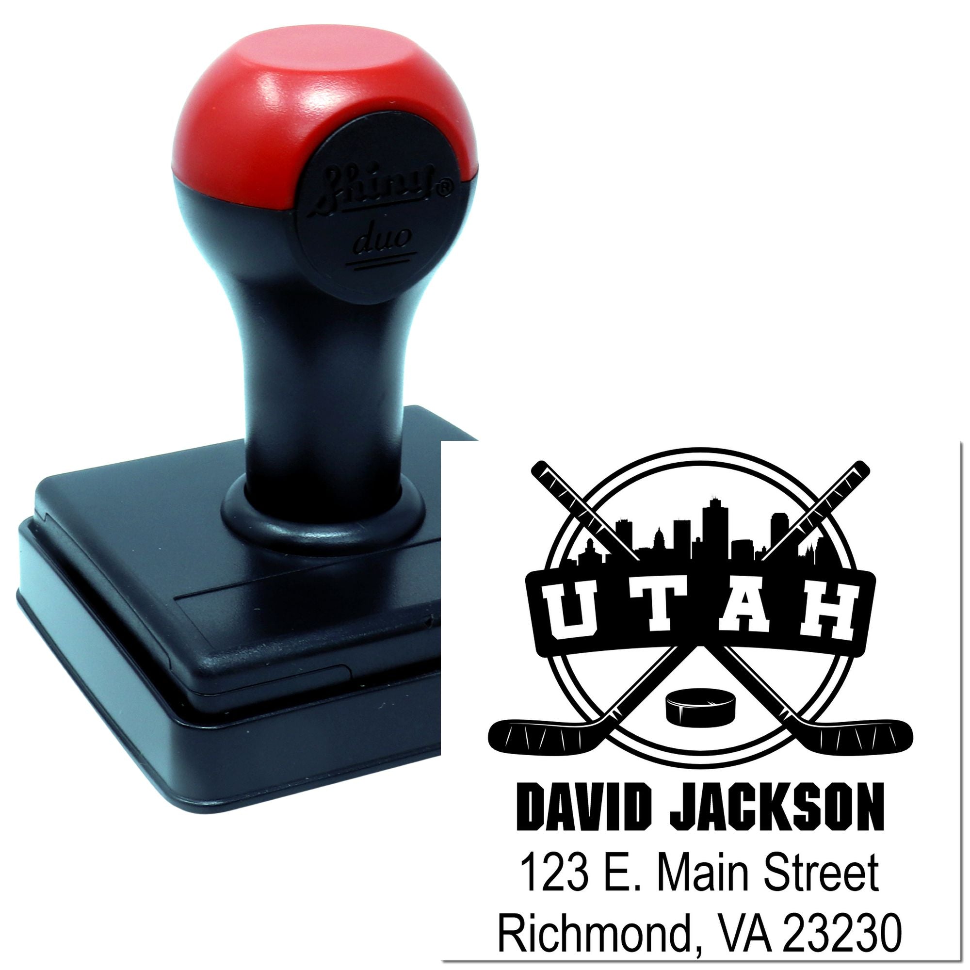 Personalized self-inking rubber stamp featuring Utah hockey logo, name, and address for custom mailing or team branding.