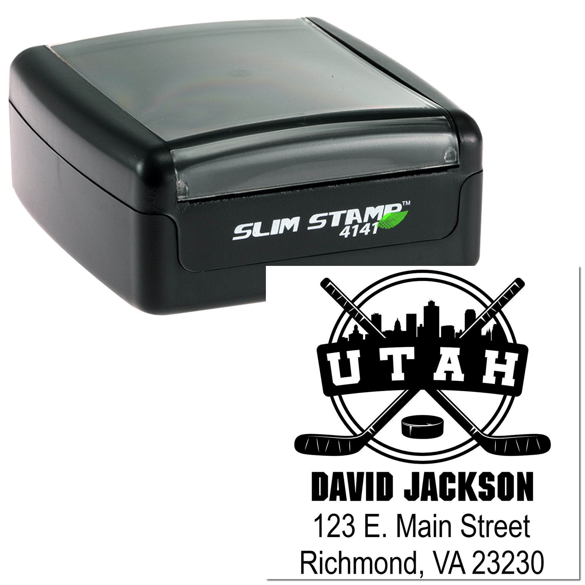 Slim Stamp self-inking custom rubber stamp with Utah hockey logo, name, and address for branded mailing.