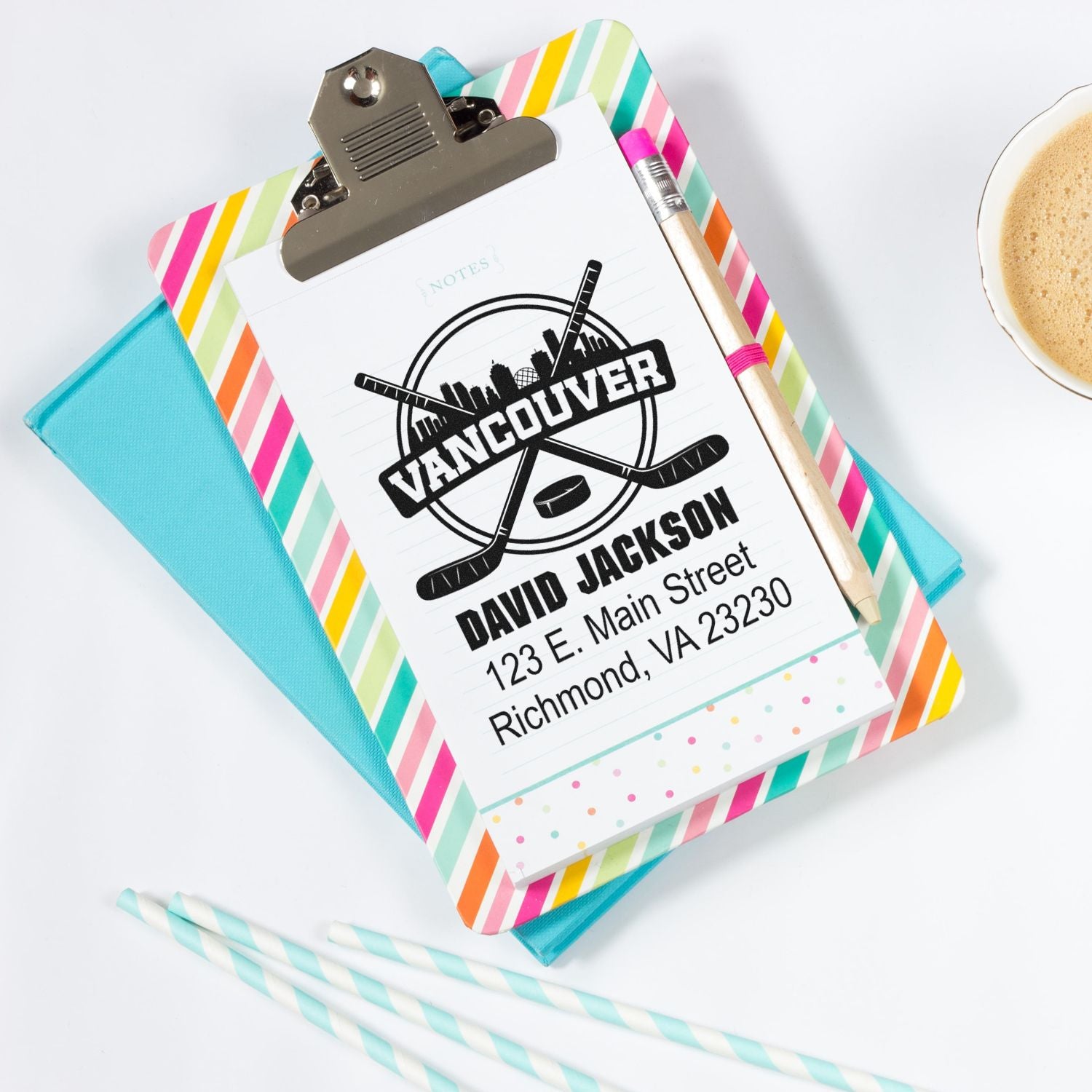 Custom hockey rubber stamp with Vancouver logo, personalized name and address for stationery or packaging.