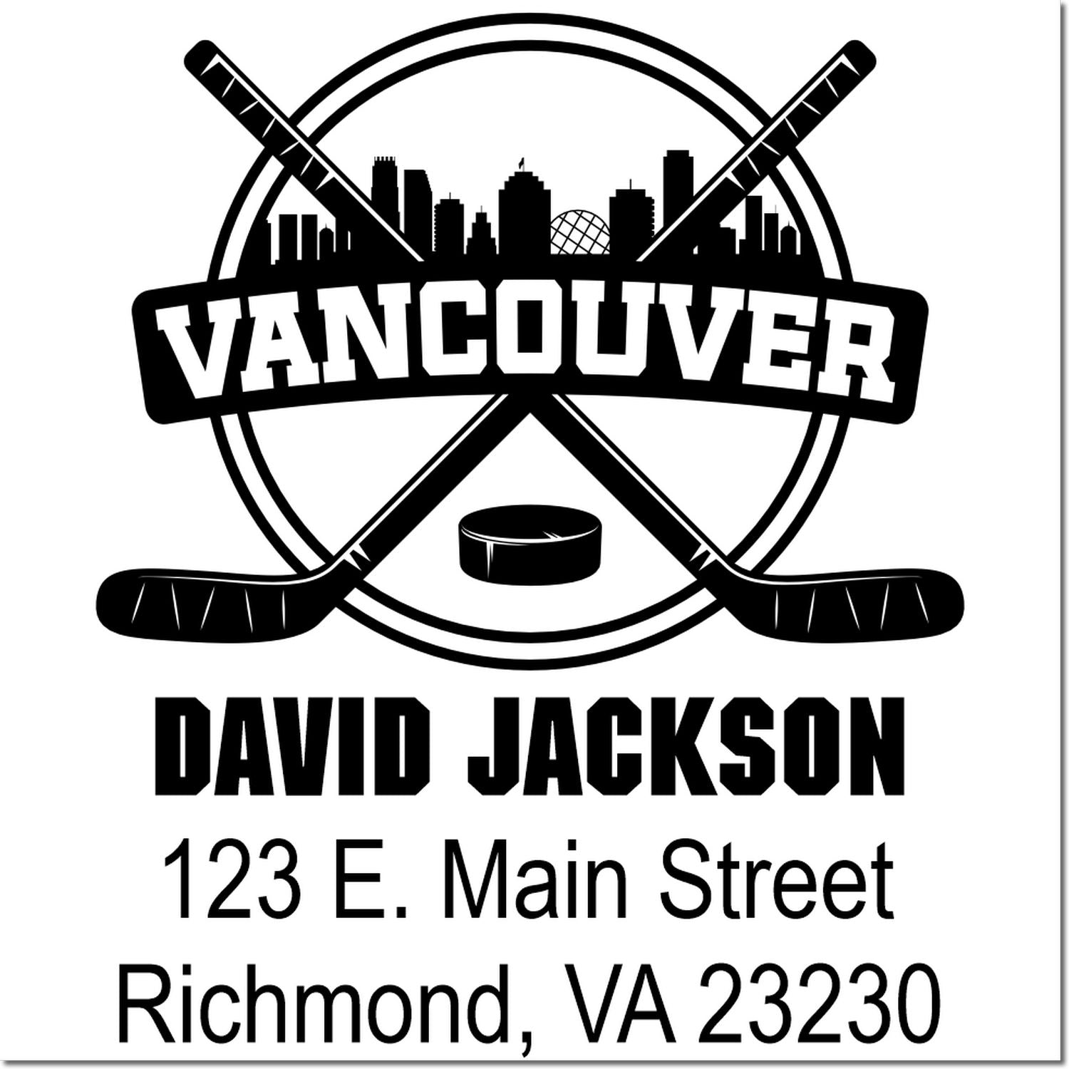 Custom Vancouver hockey rubber stamp for David Jackson, 123 E. Main Street, Richmond, VA 23230.