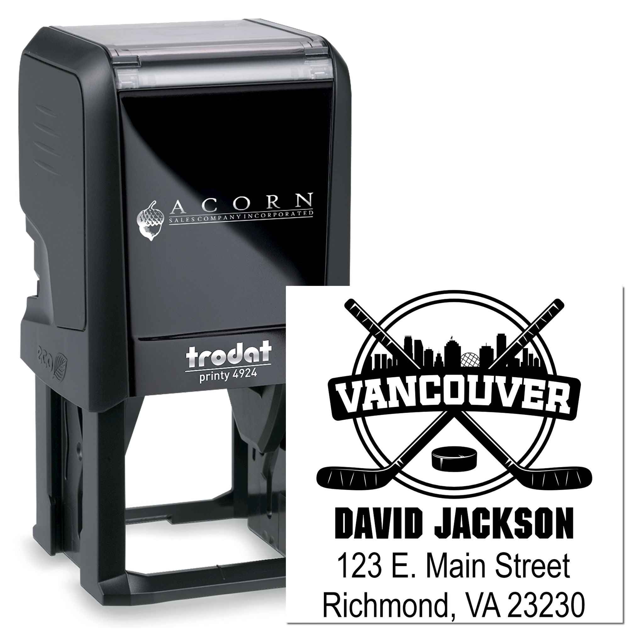 Custom self-inking rubber stamp, Trodat Printy 4924, with Vancouver hockey logo, name, and address for business mailing.